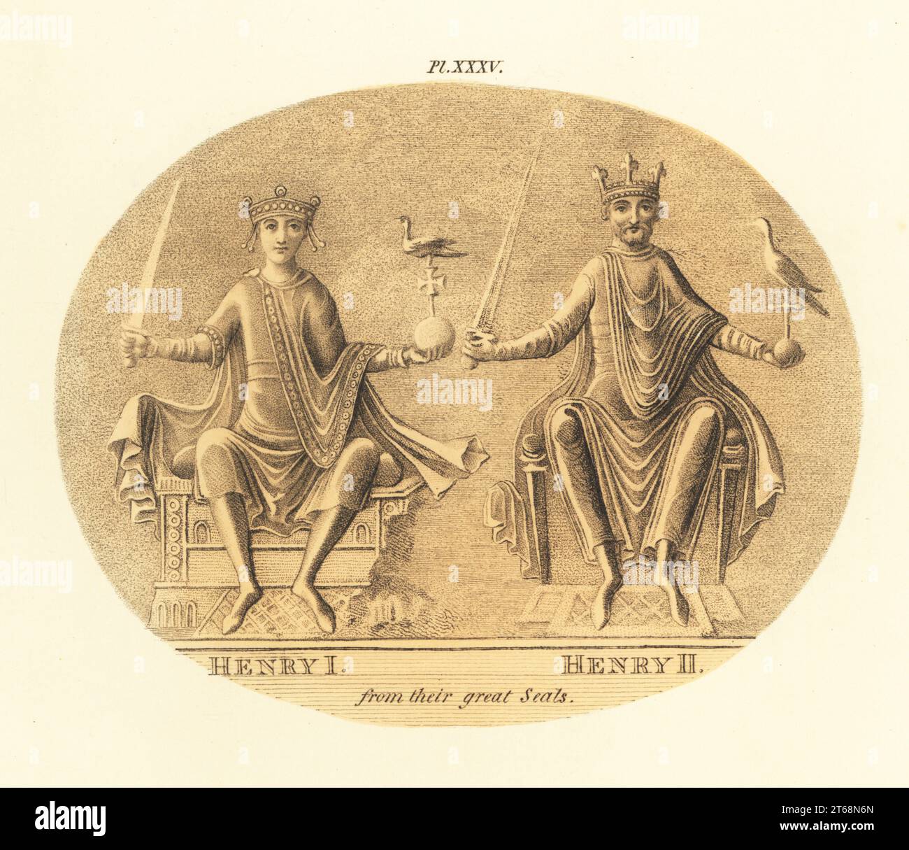 Le roi Henri I (1068-1135) et le roi Henri II (1133-1189) d'Angleterre, de leurs grands phoques. Dans la couronne, le manteau, la tunique, assis sur le trône avec l'épée et l'orbe. Gravure teintée à la main par Joseph Strutt de sa vue complète de la robe et des habitudes du peuple d'Angleterre, Henry Bohn, Londres, 1842. Banque D'Images