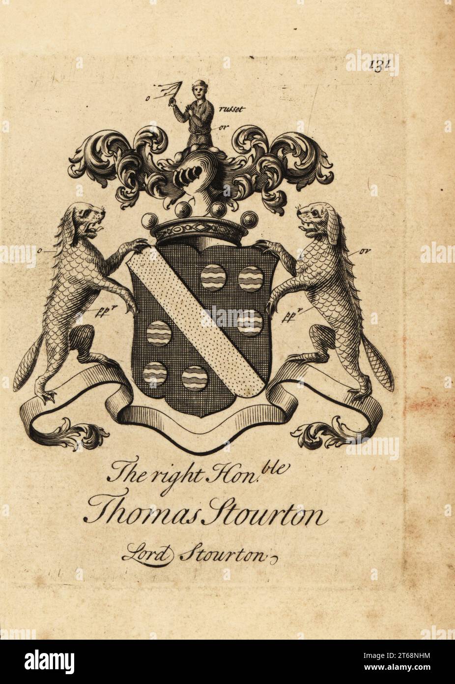 Armoiries du très honorable Thomas Stourton, 14e baron Stourton, 16671744. Gravure sur cuivre d'Andrew Johnston d'après C. Gardiner de Notitia Anglicana, Shewing the Achievements of All the English Nobility, Andrew Johnson, The Strand, Londres, 1724. Banque D'Images