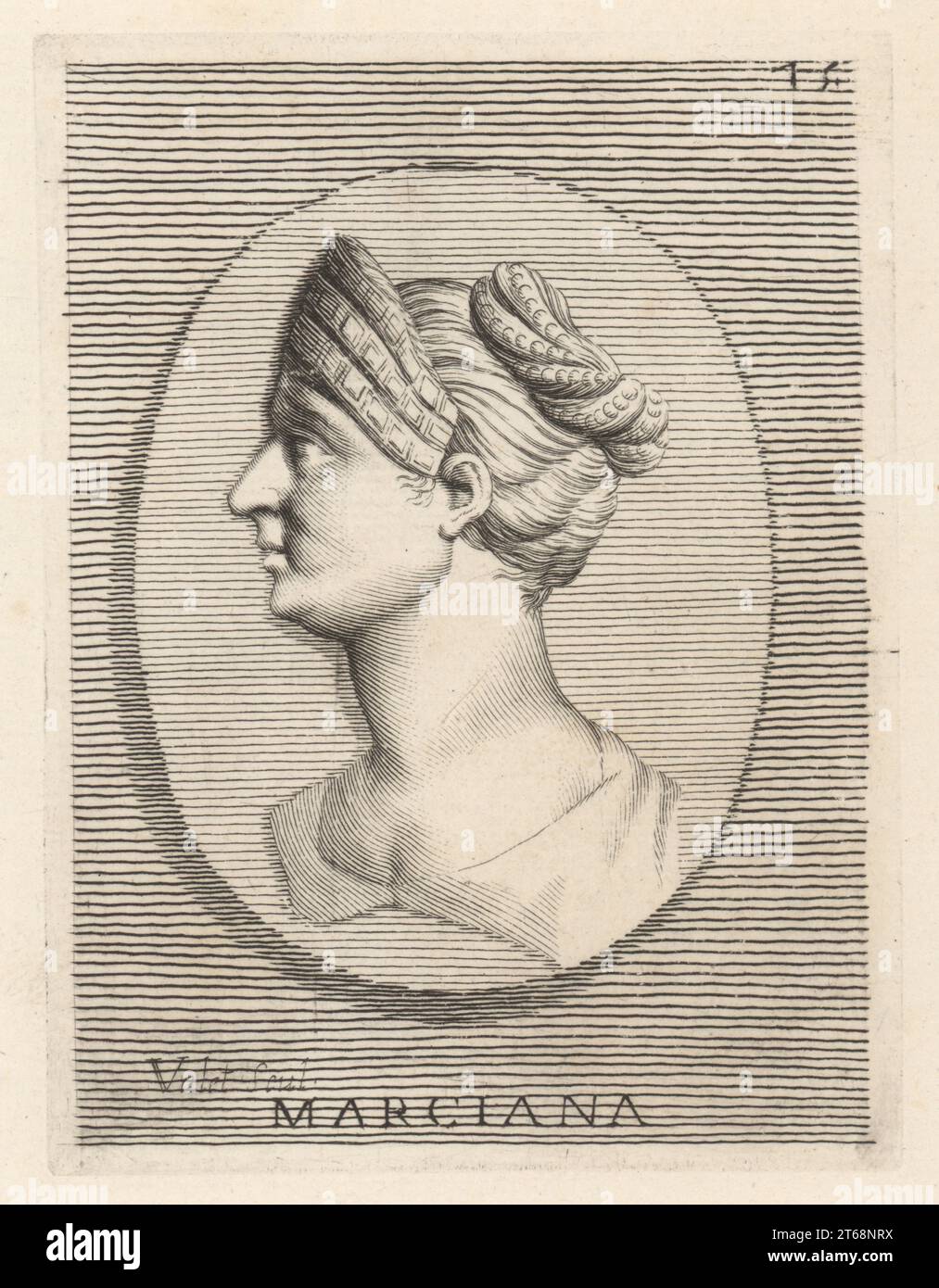 Ulpia Marciana, 48-112 AD, sœur aînée de l'empereur romain Trajan et grand-mère de l'impératrice Vibia Sabina, épouse d'Hadrien. À sa mort, son frère l'a déifiée en tant que Divae Marcianae. D'un joyau cornélique. Gravure sur cuivre de Guillaume Vallet d'après Giovanni Angelo Canini de Iconografia, cioe disegni d'imagini de famosissimi monarchi, regi, filososi, poeti ed oratori dell' Antichita, dessins d'images de monarques célèbres, rois, philosophes, poètes et orateurs de l'Antiquité, Ignatio deLazari, Rome, 1699. Marciana. Banque D'Images