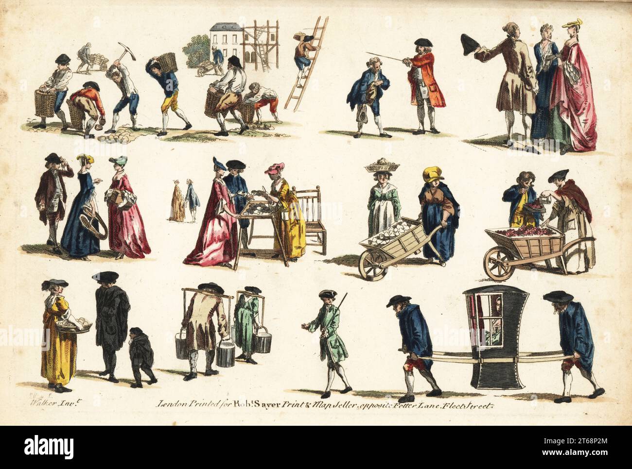 Groupes de figures du 18e siècle dans les passe-temps urbains. Constructeurs, tiroirs d'eau, porteurs de berline-chaise, vendeurs d'huîtres, vendeurs de fruits avec brouettes, etc Gravure sur cuivre colorée à la main par Elliott d'après Anthony Walker de Robert Sayers The Artists Vade Mecum, Being the Whole Art of Drawing, Londres, 1766. Banque D'Images