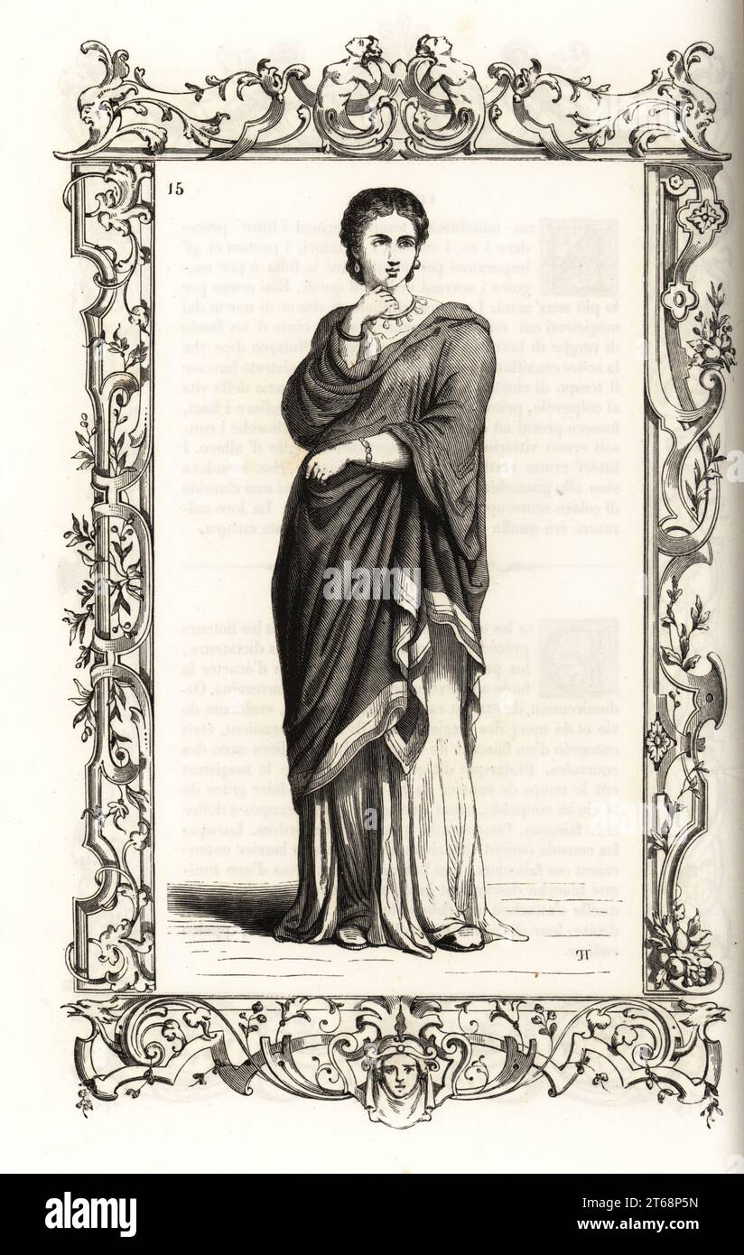 Costume d'une noble romaine antique. Elle porte une jacinthe ou une tunique rouge, une longue toge, du pallium ou une petite cape et des sandales. Dans un cadre décoratif gravé par H. Catenacci et Fellmann. Gravure sur bois de Gerard Seguin et E.F. Huyot d'après une gravure sur bois de Christoph Krieger de Cesare Vecellios costumes anciens et modernes du 16e siècle, Habiti antichi et moderni di tutto il mondo, Firman Didot Ferris fils, Paris, 1859-1860. Banque D'Images