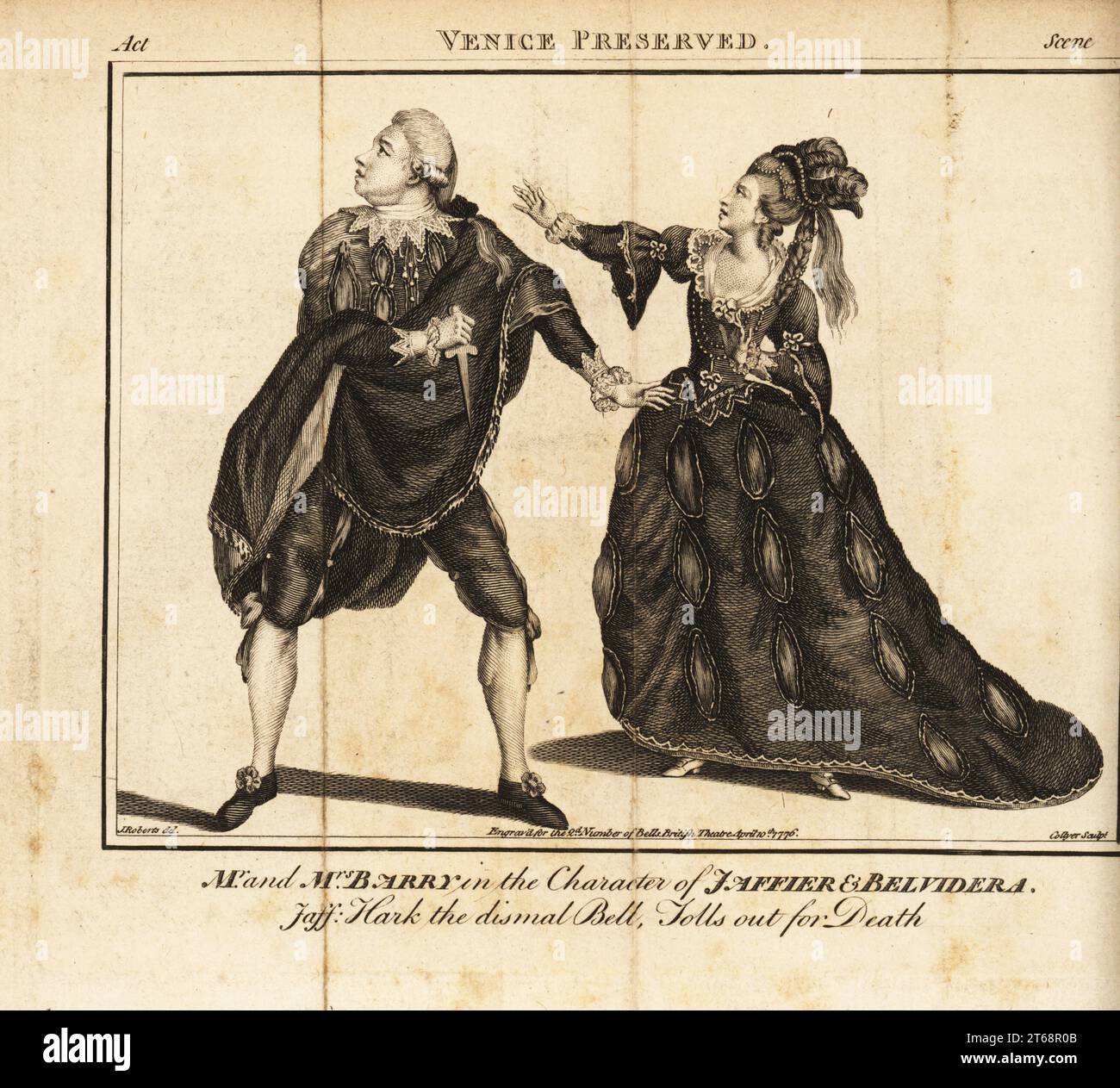 M. Spranger Barry et Mme Ann Barry dans les personnages de Jaffier et Belvidera dans Thomas Otways Venise préservés. Le couple joue ensemble au Kings Theatre en 1766. Gravure sur cuivre de Joseph Collyer d'après une illustration de James Roberts du Bells British Theatre, composée des pièces anglaises les plus appréciées, John Bell, Londres, 1780. Banque D'Images