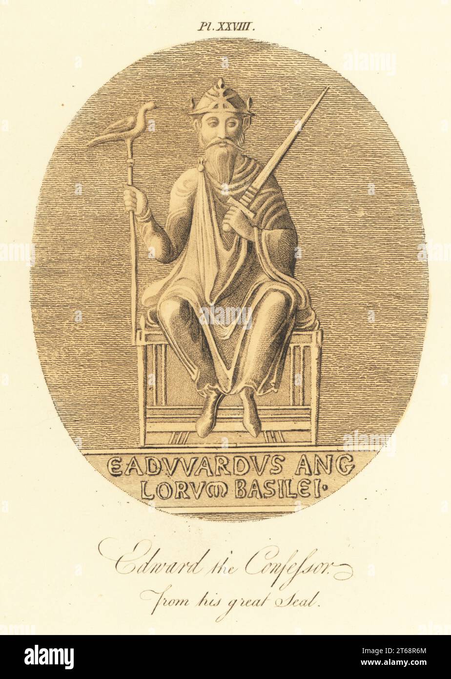 Edward le confesseur (1042-1066, roi anglo-saxon, de son grand sceau. Dans un casque royal avec couronne, tenant une épée et un sceptre assis sur un trône. Eadwardus Ang Lorum Basilei. Des phoques au British Museum. Gravure teintée à la main par Joseph Strutt de sa vue complète de la robe et des habitudes du peuple d'Angleterre, Henry Bohn, Londres, 1842. Banque D'Images