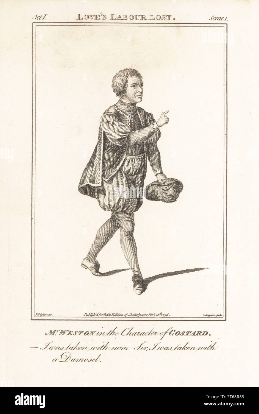 M. Thomas Weston comme Costard dans Love s Labour s Lost. . La gravure sur cuivre de Bell s Shakespeare publie par John Bell Londres 1776. Dessine par R. Dighton Photo Stock Alamy