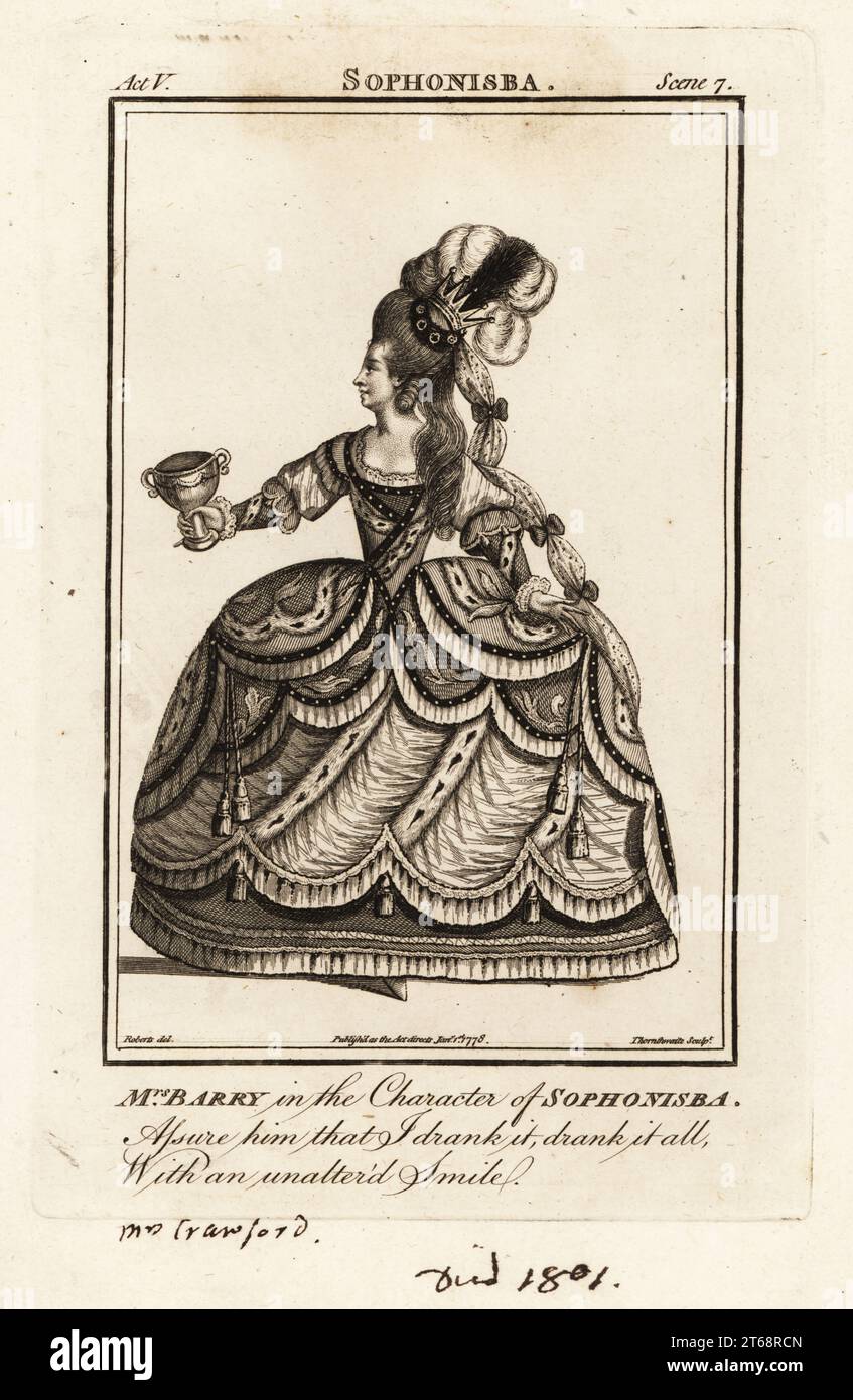 Mme Ann Barry dans le personnage de Sophonisba dans James Thomsons Sophonisba. Cependant, elle n'a pas joué le rôle à Londres. Ann Street, 1734-1801, était une actrice de premier plan du 18e siècle apparaissant comme Mme Dancer, Mme Barry et Mme Crawford. Gravure sur cuivre de J. Thornthwaite d'après une illustration de James Roberts du Bells British Theatre, composée des pièces anglaises les plus appréciées, John Bell, Londres, 1778. Banque D'Images