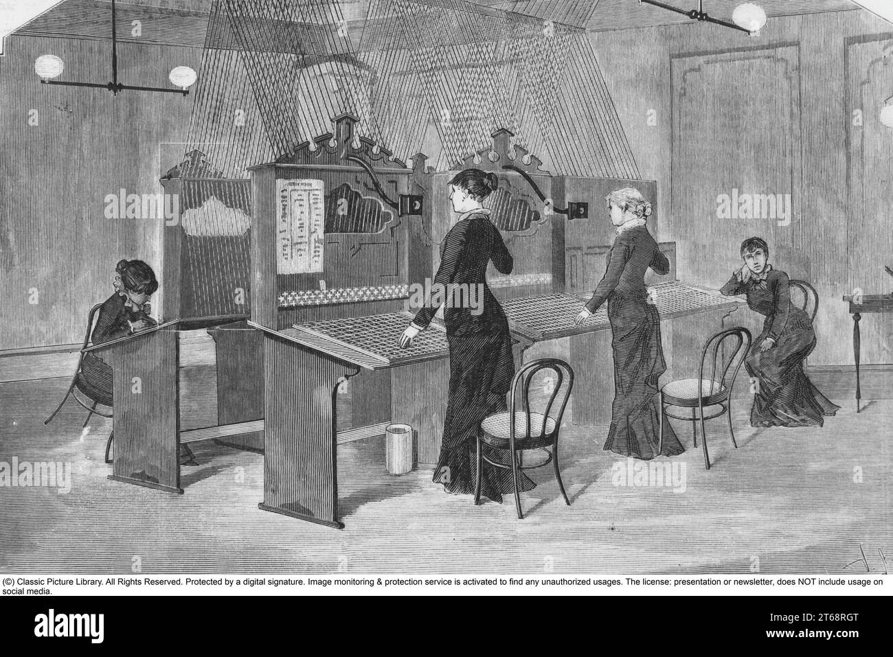Central téléphonique. Une illustration du premier central téléphonique en Suède 1880. Il pourrait desservir 100 téléphones. Banque D'Images
