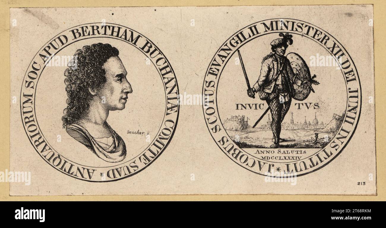 Médaille avec portrait et figure d'un highlander. Buste de David Stewart Erskine, 6e comte de Buchan, à l'intérieur d'une cocarde inscrite Antiquariorum SOC Apud Bertham Buchisiae Comite Suad. Verso: Homme dans les três écossais tartan, sporran et chapeau plumé, avec bouclier et épée, dans une cocarde inscrite Jacobus Scotus Evangelii Ministre XII Dei Junii Instituit. Banque D'Images