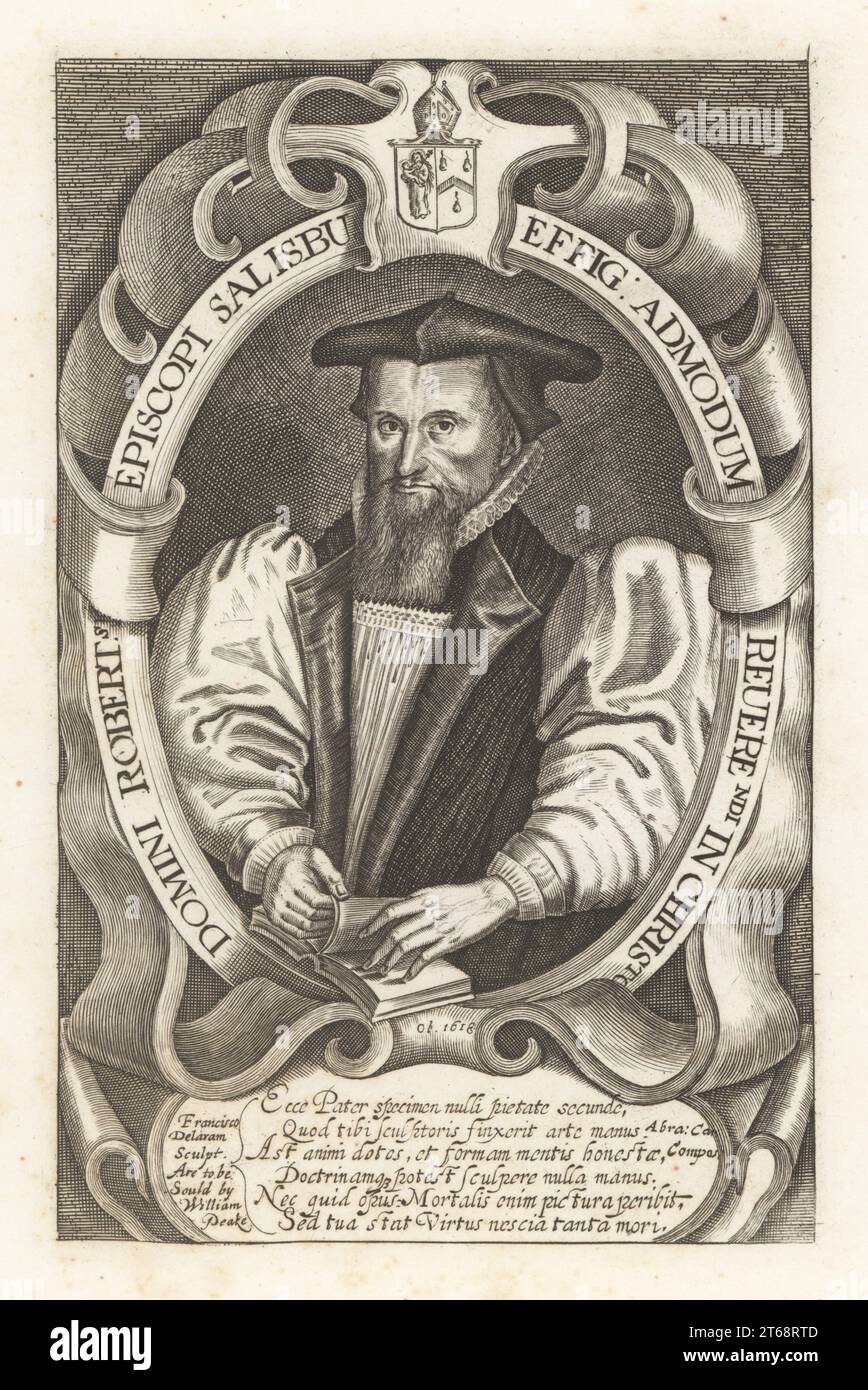 Robert Abbot, évêque anglican, écrivain universitaire et polémique 1560-1618. Maître du Balliol College, Oxford, Professeur Regius de Divinité, évêque de Salisbury. En casquette, col roulé, barbe, robe à manches bouffantes, tenant un livre. Dans un portrait ovale avec des versets latins. Gravure sur cuivre par Francis Delaram de Samuel Woodburns Gallery of rare Portraits consistant en plaques originales, George Jones, 102 St Martins Lane, Londres, 1816. Banque D'Images