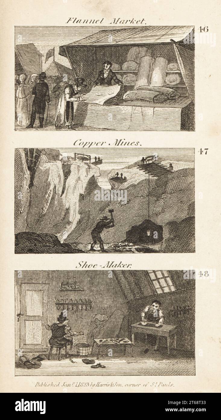 Métiers à Regency England : marché de flanelle, mines de cuivre et fabricant de chaussures. Homme montrant des rouleaux de tissu de flanelle à Welchpool 46, des mineurs creusant du minerai de cuivre à Parys Mine, Anglesea 47, et des cordonniers fabriquant des chaussures en cuir sur des formes à Stafford 48. Gravure sur bois du révérend Isaac Taylors scènes de la richesse britannique, dans Produce, Manufacture and Commerce, John Harris, Londres, 1823. Isaac Taylor était un écrivain, artiste, graveur et inventeur anglais de 1787 à 1865. Banque D'Images