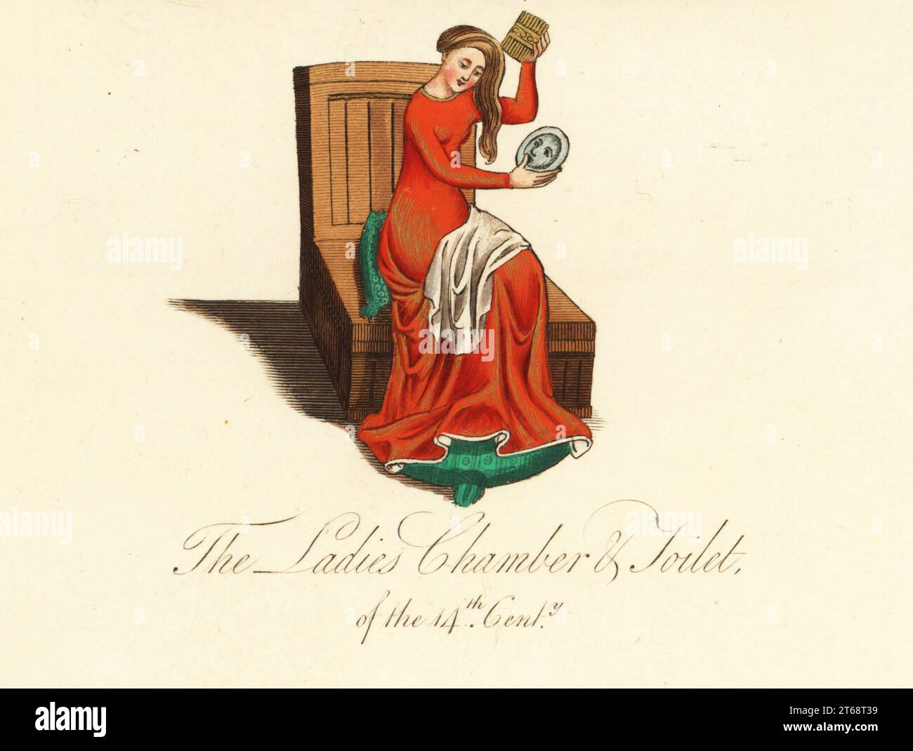 Dame à sa toilette, XIVe siècle. Elle tient un peigne et un miroir, et porte une longue robe dans un tissu riche en deux tons. De Giovanni Boccaccio de claris mulieribus, Royal MS 16 G v. gravure faite à la main par Joseph Strutt de sa vue complète de la robe et des habitudes du peuple d'Angleterre, Henry Bohn, Londres, 1842. Banque D'Images