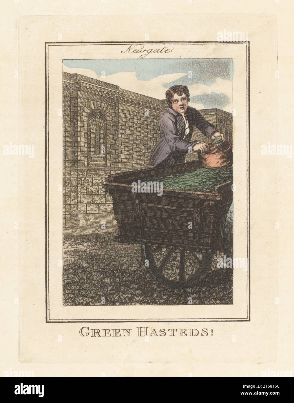 Vendeur Greenpea devant la prison de Newgate, Londres, 1805. Vendeur de légumes avec barrow of Green Hastens Peas. Devant la fenêtre de la maison du gardien, prison de Newgate, Ludgate Hill. Gravure sur cuivre colorée à la main par Edward Edwards d'après une illustration de William Marshall Craig de Description des plaques représentant les Itinerant Traders de Londres, Richard Phillips, No. 71 St Pauls Churchyard, Londres, 1805. Banque D'Images