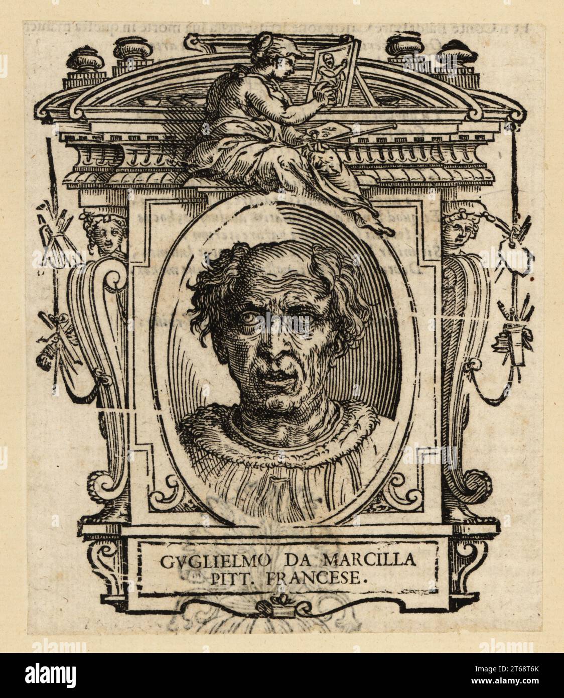 Portrait de Guillaume de Marcillat, peintre français et vitrail, vers 1470-1529. Guglielmo da Marcilla Pittore Francese. Gravure sur bois de Giorgio Vasaris le vite de piu eccellenti pittori, scultori, et architecettori, la vie des plus excellents peintres, sculpteurs et architectes, Florence, 1678. Banque D'Images
