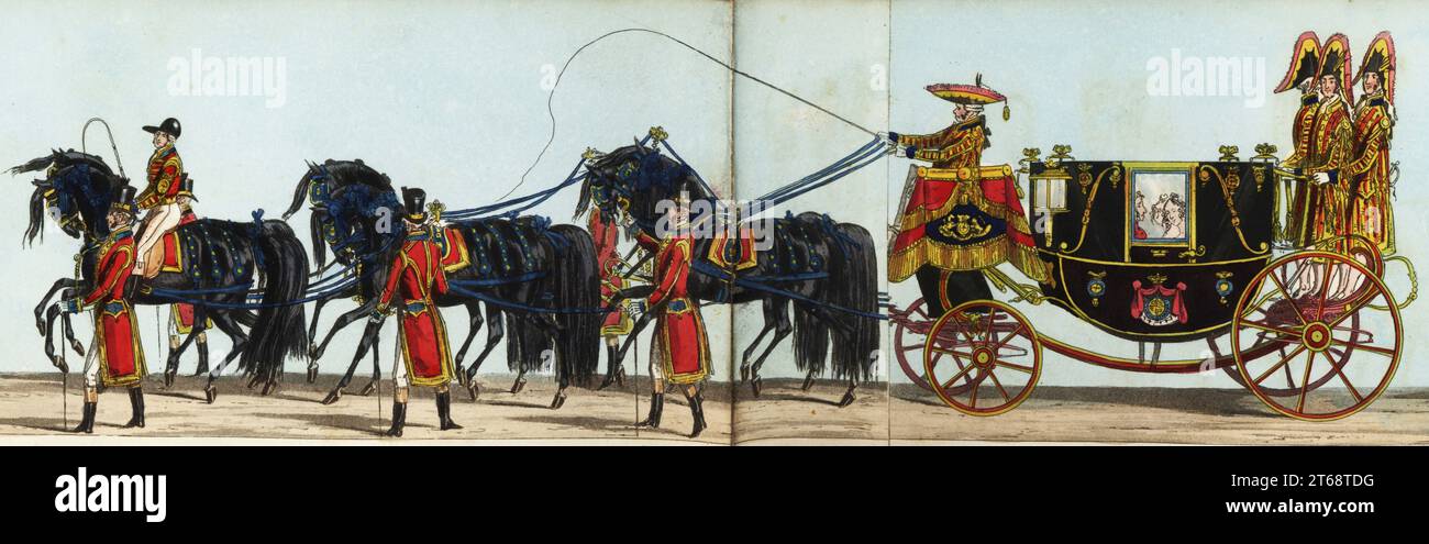 12e transport de la maison royale dans la parade du couronnement de la reine Victorias. La dame principale de la chambre à coucher, marquise de Lansdowne, le Lord Chamberlain, Francis Nathaniel Conyngham, marquis de Conynham, et le Lord Steward, George John Douglas Campbell, duc d'Argyll. Assisté par des grooms et des valets couverts, dessinés par six chevaux noirs. Gravure aquatinte colorée à la main de Fores's correct Representation of the State procession à l'occasion de la cérémonie d'août du couronnement de sa Majesté, 28 juin 1838, publiée par Fores, Sporting and Fine Print Repository, Piccadilly, Londres, 183 Banque D'Images