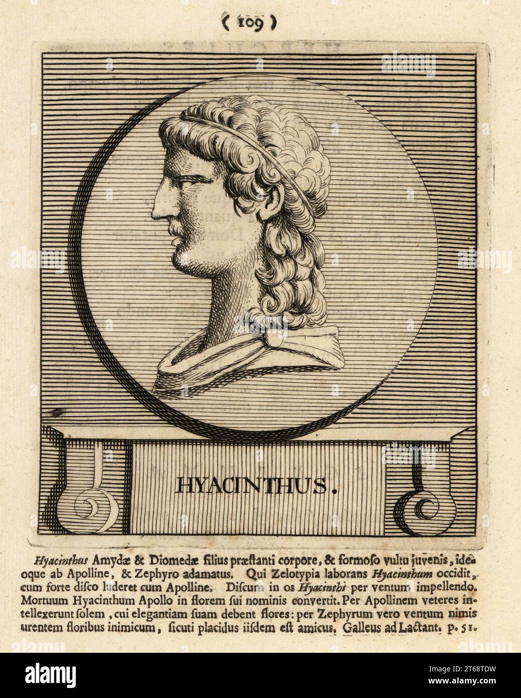 Jacinthe, héros divin et amoureux d'Apollon de la mythologie grecque. Hyacinthus. Gravure sur cuivre de Pieter Bodart (1676-1712) de Henricus Spoors Deorum et Heroum, Virorum et Mulierum Illustrium imagine Antiquae Illustatae, Gods and Heroes, Men and Women, Illustrated with Antique Images, Petrum, Amsterdam, 1715. Publié pour la première fois sous le titre Favissæ utriusque antiquitatis tam Græcæ quam Romanæ en 1707. Henricus Spoor était un médecin néerlandais, érudit classique, poète et écrivain, fl. 1694-1716. Banque D'Images