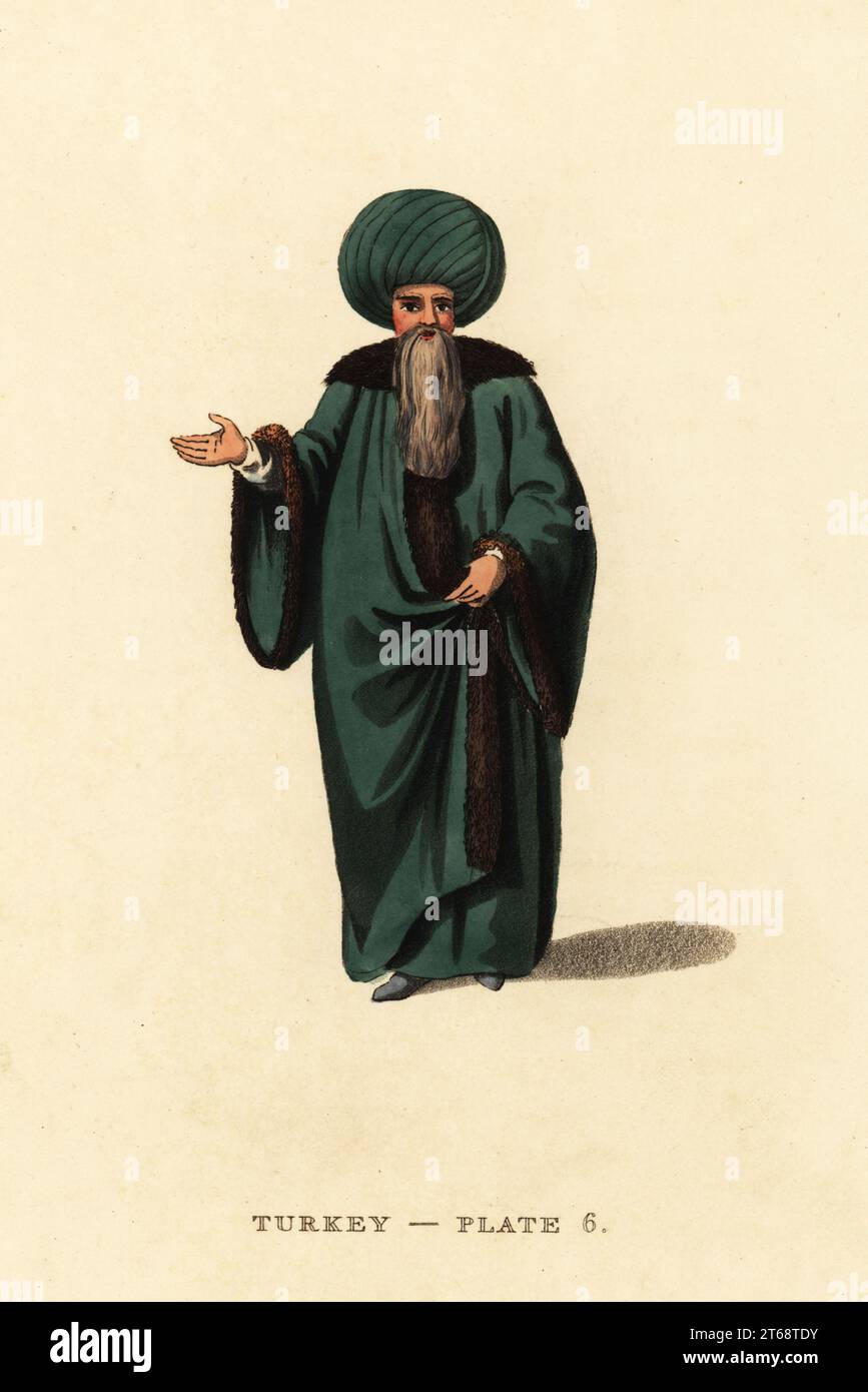 Chef des oulémas ou professeurs de droit. Dans un turban énorme distinctif aux avocats et juges de haut rang. Gravure sur cuivre colorée à la main d'après Octavian Dalvimart de William Alexanders traduction de représentations pittoresques de la robe et des manières des Turcs, Thomas MLean, Londres, 1814. Banque D'Images