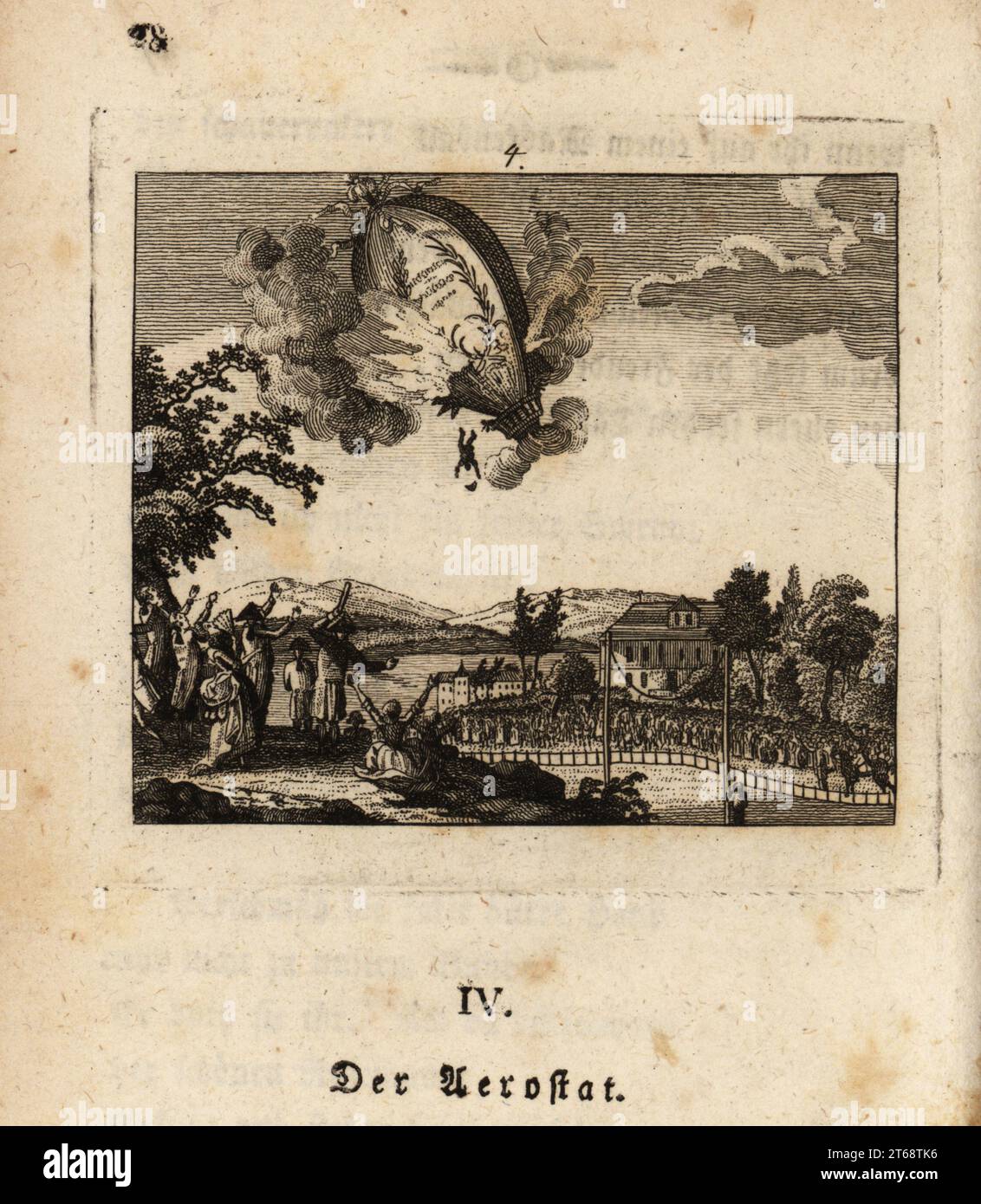 Mort d'un montgolfière dans un ballon de style montgolfière. Le pilote tombe d'un ballon explosant au-dessus d'une foule nombreuse, 18e siècle. Le ballon. Der Aerostat. Gravure sur cuivre de Johan Georg Mansfeld d'après un original de Johann Rudolf Schellenberg de Johan Kark Musauss Freund heins Erscheinungen dans Holbeins Manier, (apparitions de la mort à la manière de Holbein) Mannheim, 1803. Banque D'Images