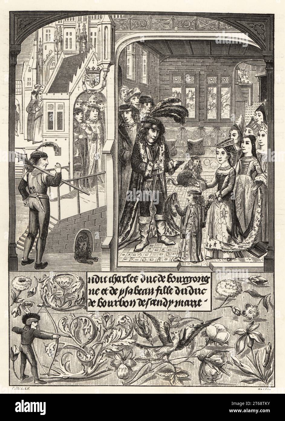 L'empereur Maximilien Ier, son épouse Marie de Bourgogne et leur fils Philippe le beau. D'après le manuscrit du 15e siècle chroniques abregées de Bourgogne. Maximilien dAutriche, Marie de Bourgogne sa femme, fille unique de Charles le Temeraire, et leur jeune enfant Philippe le beau, qui a été dans la suite roi de Castille. Gravure sur bois d'Etienne Huyot et Jules Huyot sur Paul Lacroixes la vie militaire et religieuse au Moyen Age et a lEpoque de la Renaissance, la vie militaire et religieuse au Moyen âge et à la Renaissance, Paris, 1873. Banque D'Images