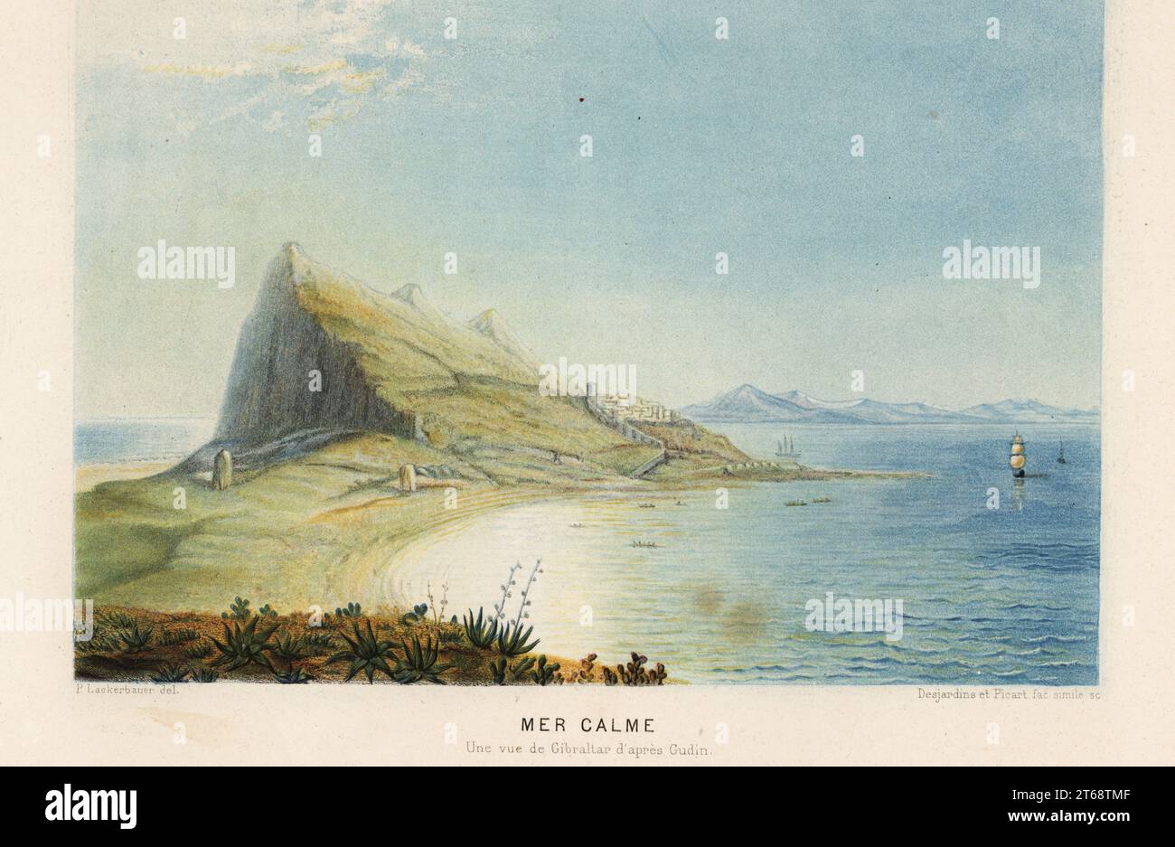 Vue d'une mer calme à Gibraltar sur la Méditerranée par l'artiste marin Theodore Gudin. Mer calme une vue de Gibraltar d'après Gudin. Chromolithographie de Pierre Lackerbauer d'Alfred Fredols le monde de la Mer, le monde de la Mer, édité par Olivier Fredol, Librairie Hachette et. C.E., Paris, 1881. Alfred Fredol était le pseudonyme du zoologiste et botaniste français Alfred Moquin-Tandon, 1804-1863. Banque D'Images