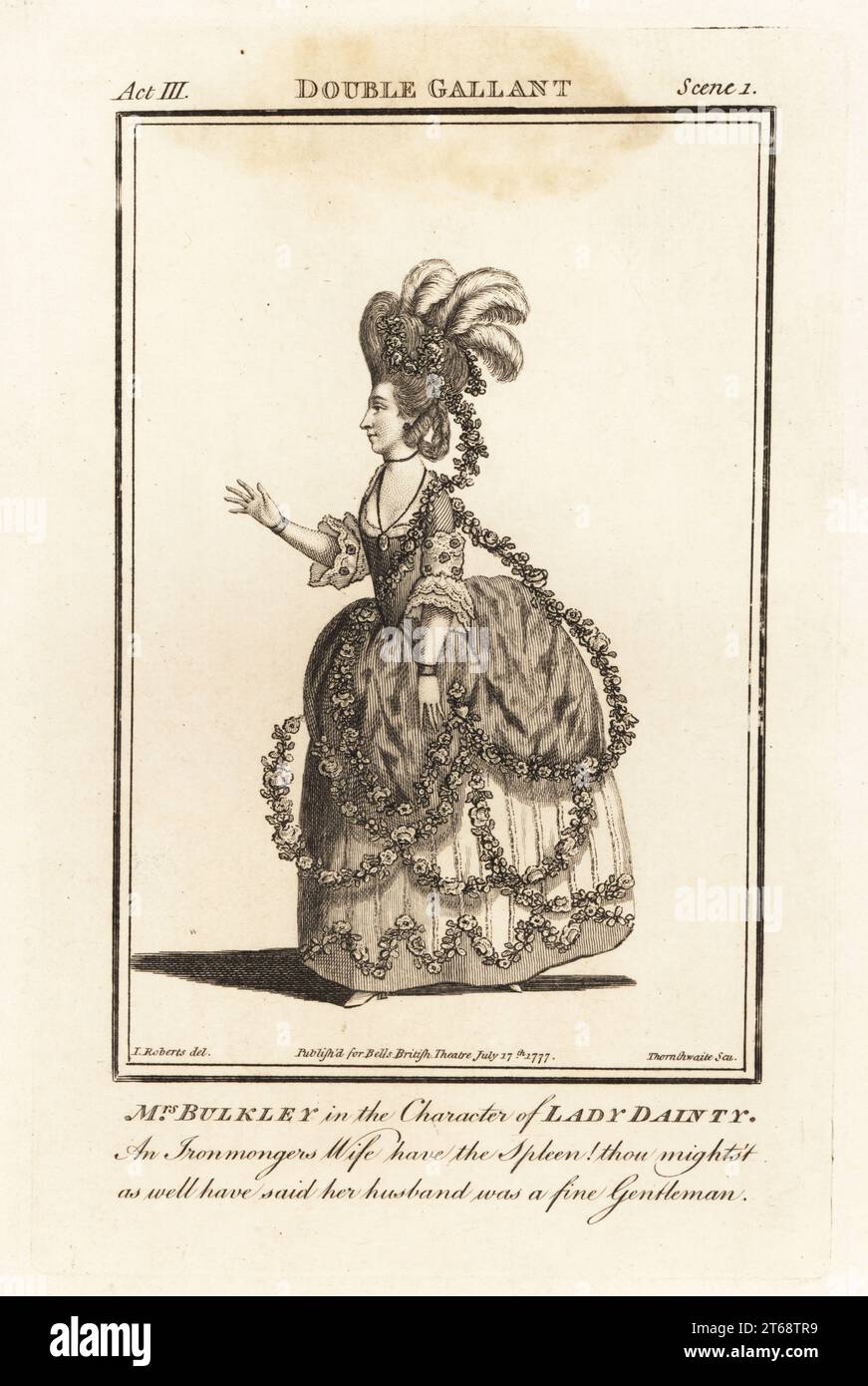 Mme Mary Bulkley dans le personnage de Lady Dainty dans Colley Cibbers le Double Gauntlet. Cependant, il semble qu'elle n'ait jamais joué le rôle à Londres. Miss Bulkley, plus tard Mme Barresford, était une danseuse anglaise du 18e siècle et actrice de théâtre comique 1747/8-1792. Gravure sur cuivre de J. Thornthwaite d'après une illustration de James Roberts du Bells British Theatre, composée des pièces anglaises les plus appréciées, John Bell, Londres, 1778. Banque D'Images