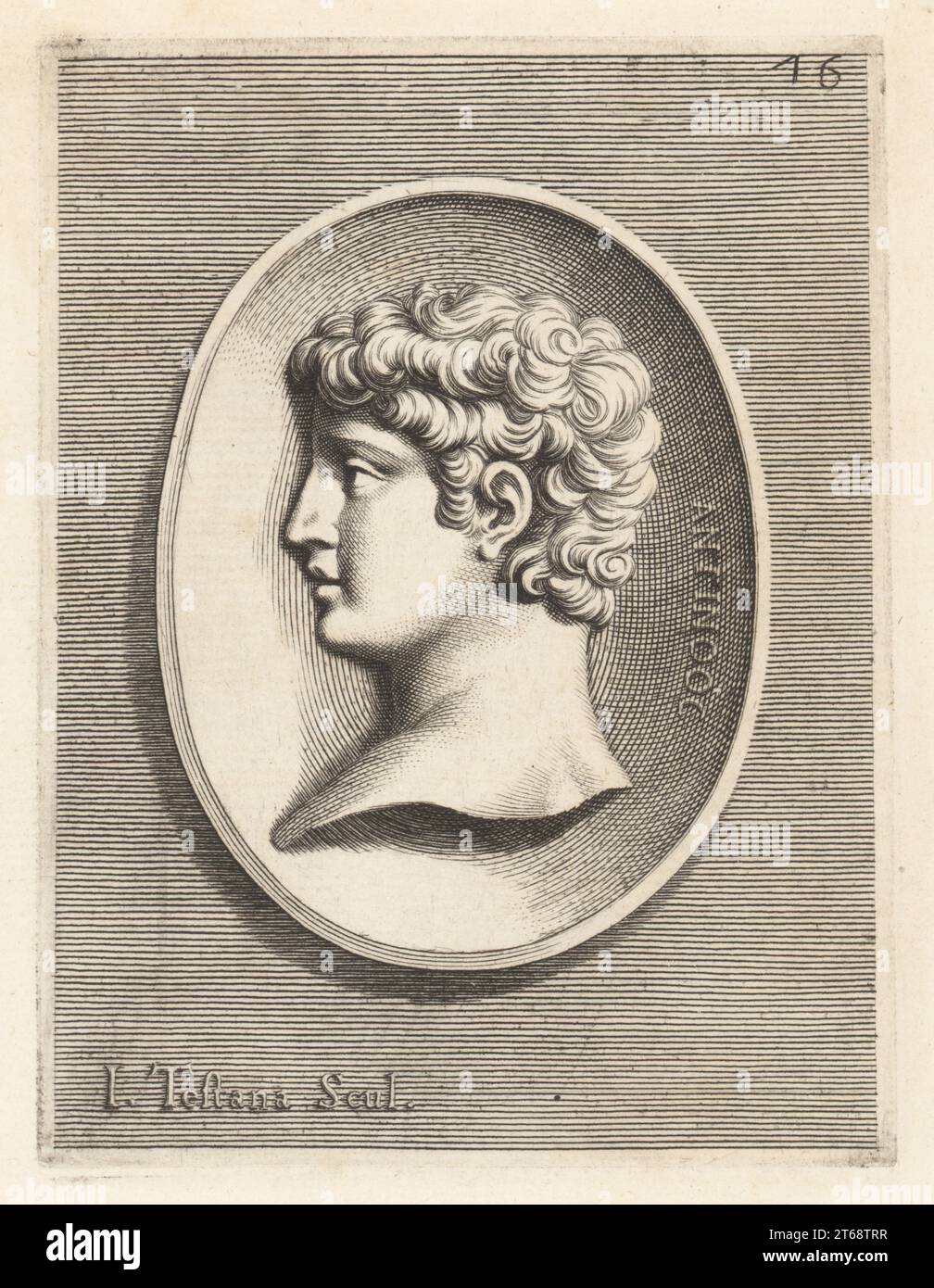 Antinous, également appelé Antinoos, jeune grec de Bithynie et favori et amoureux de l'empereur romain Hadrien, vers 111-130. D'une pierre précieuse. Antinoo. Gravure sur cuivre de Guillaume Vallet d'après Giovanni Angelo Canini de Iconografia, cioe disegni d'imagini de famosissimi monarchi, regi, filososi, poeti ed oratori dell' Antichita, dessins d'images de monarques célèbres, rois, philosophes, poètes et orateurs de l'Antiquité, Ignatio deLazari, Rome, 1699. Banque D'Images