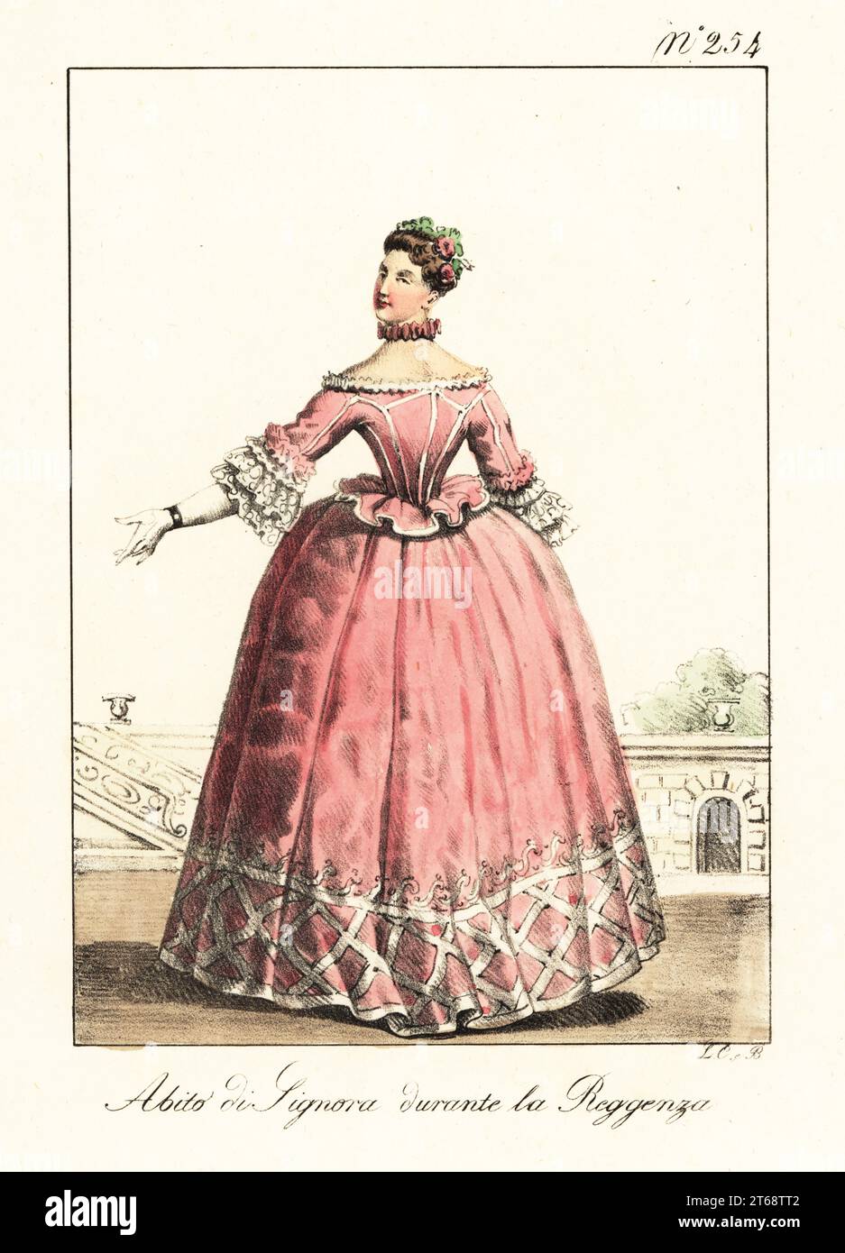 Robe de cour de dame pendant la régence française, 1715-1723. Vue arrière montrant femme en robe rose avec manchettes à volants, corsage passepoilé, ourlet brodé, taille ruchée. Costume de Dame pendentif la Régence. Lithographie coloriée à la main de Lorenzo Bianchi et Domenico Cuciniello d'après Hippolyte Lecomte de Costumi civili e militari della monarchia francese dal 1200 al 1820, Naples, 1825. Édition italienne des costumes civils et militaires Lecomtes de la monarchie française de 1200 à 1820. Banque D'Images