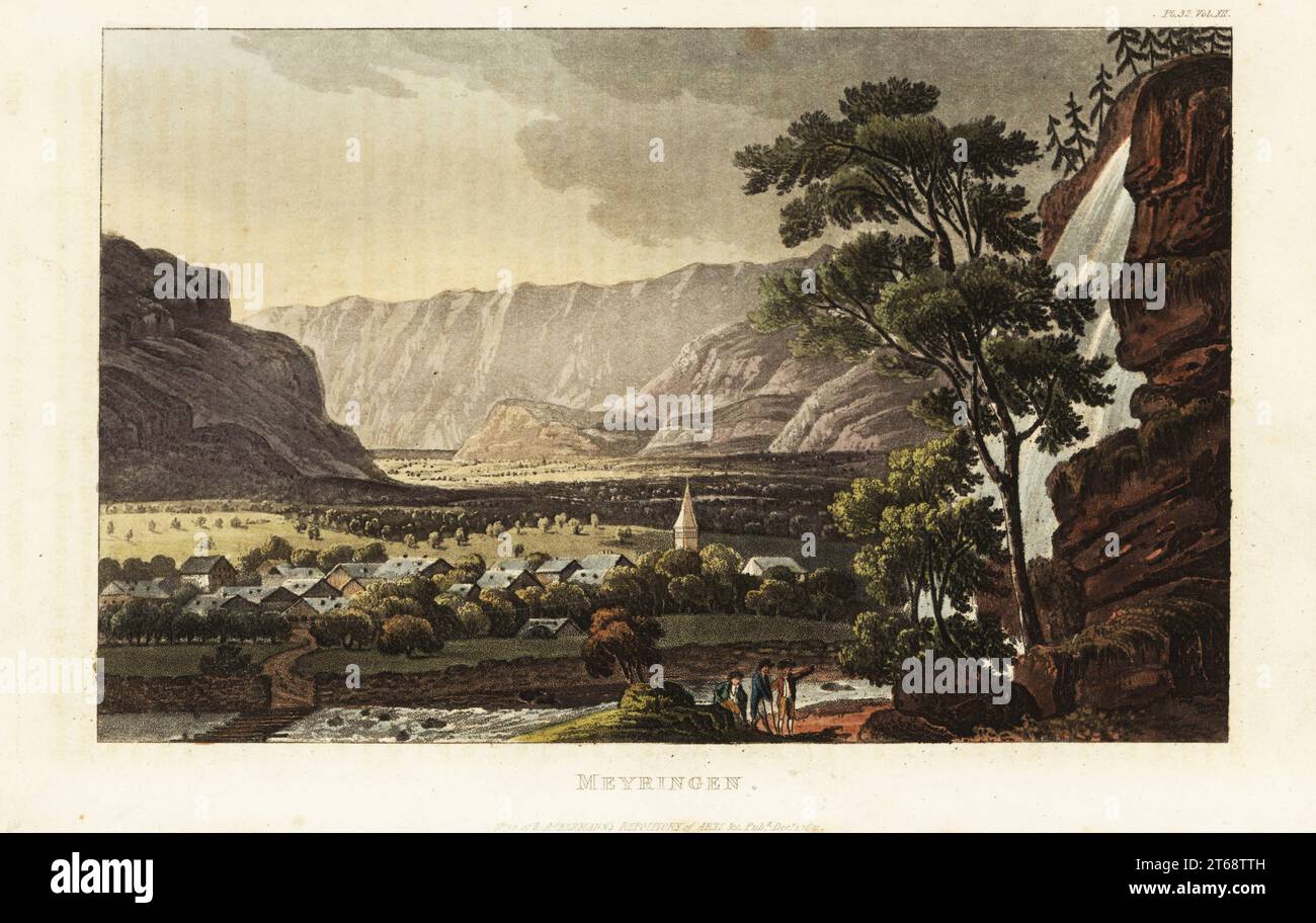 Vue sur la ville de Meiringen et les chutes Reichenbach, canton de Berne, Suisse. Meyringen. Gravure sur cuivre colorée à la main d'après Gabriel Lory de Rudolph Ackermanns Repository of Arts, Littérature, Fashions, manufactures, etc., Strand, Londres, 1822. Banque D'Images