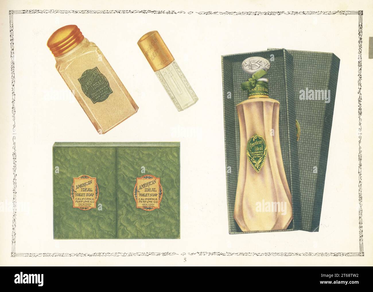 Cosmétiques American Ideal de CPC, 1926. Bouteille de poudre de sachet, flaconette de parfum, bouteille d'eau de toilette ou d'eau de toilette, et boîte de savon de toilette. Chromolithographe par un artiste inconnu du catalogue de produits de la California Perfume Company (plus tard Avon), New York, Kansas, Montréal, 1927. Banque D'Images