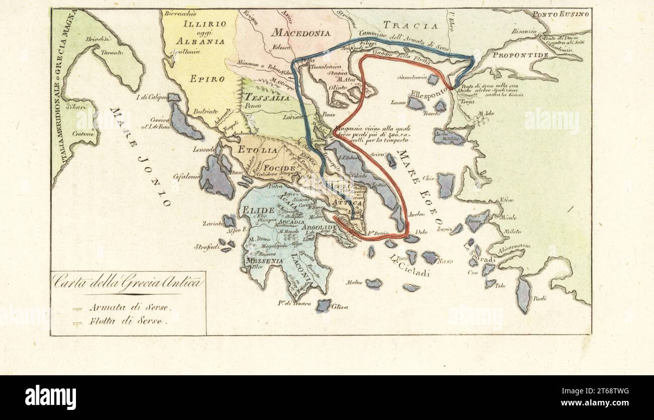 Carte de la Grèce antique. Routes du roi de Perse Xerxès est armée (bleu) et marine (rouge) lors de son invasion ratée de la Grèce 480BC. Carta della Grecia Antica. Gravure sur cuivre colorée à la main de Giulio Ferrarios costumes Ancient and Modern of the Peoples of the World, il Costume Antico e Moderno, Florence, 1842. Banque D'Images