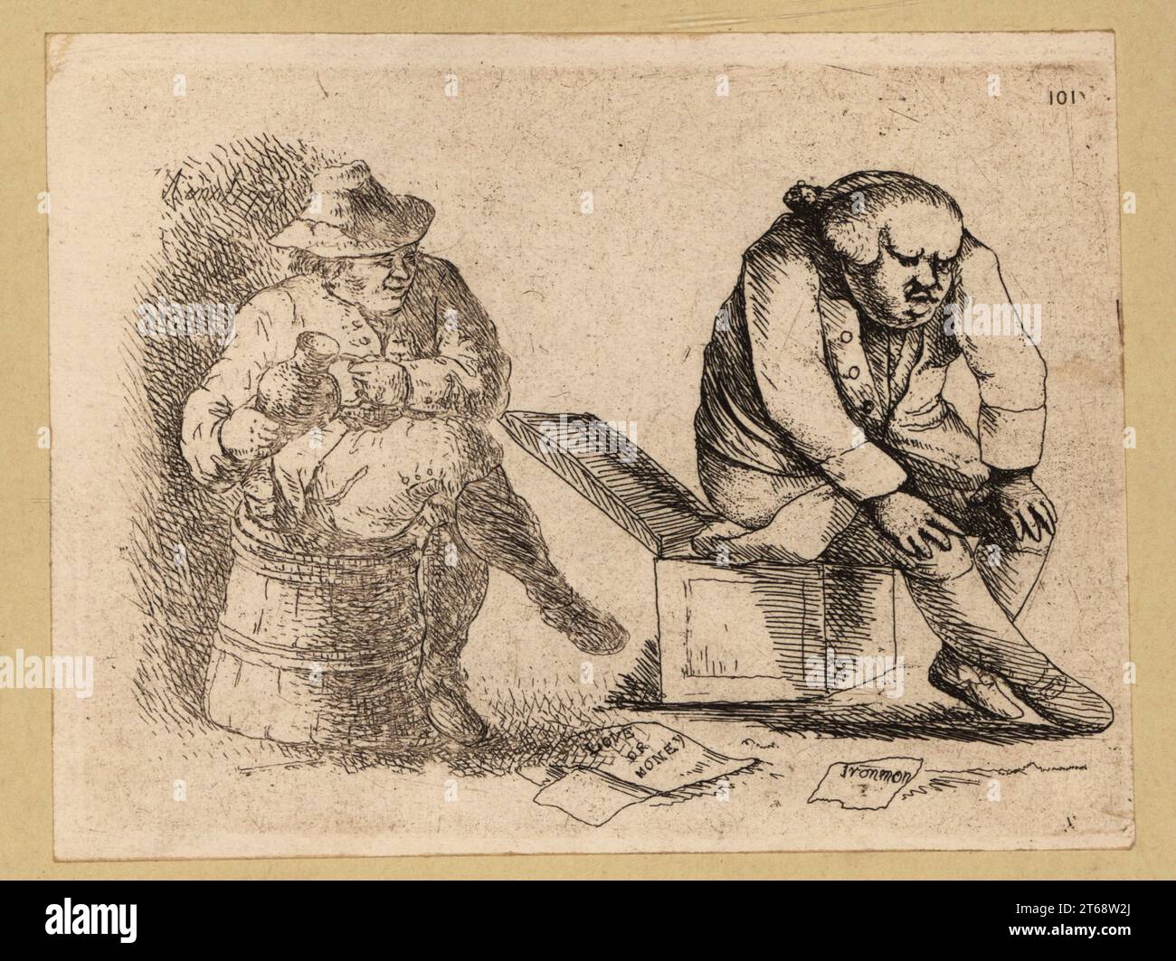 Homme avec son pantalon en train de déféquer sur une toilette (à droite) et homme avec une carafe à ALE assis sur un tonneau (à gauche). Sur le terrain, un papier lit l'Amour ou l'argent. Gravure sur plaque de coperplate par David Deuchar d'après un original d'UNE collection de gravures d'après les maîtres les plus éminents des écoles néerlandaises et flamandes, Édimbourg, 1803. Banque D'Images