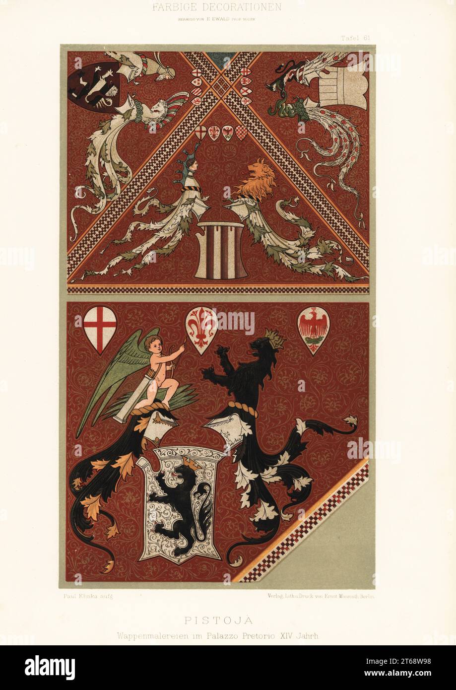 Peintures d'armoiries dans le Palazzo Pretorio, Pistoia, Italie, 14e siècle. Wappenmalerei im Palazzo Pretorio, Pistoja, XIV Jahrh. Chromolithographie de Paul Klinka de Ernst Ewalds Farbige decorationen, Alter und Never Zeit (Décoration des couleurs, époques anciennes et nouvelles), Ernst Wasmuth, Berlin, 1889. Banque D'Images