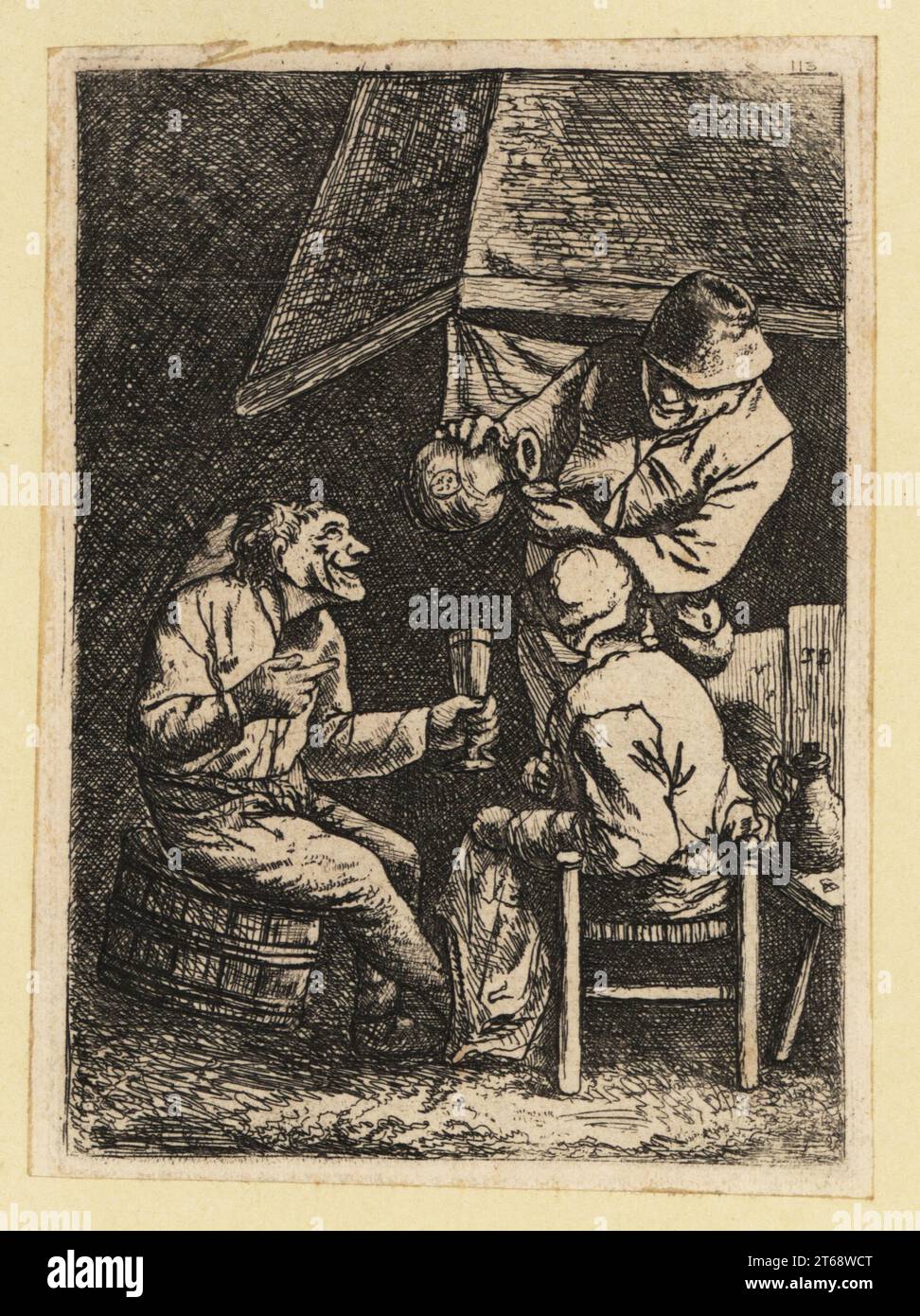 Des paysans hollandais du XVIIe siècle buvant près d'une cheminée dans une taverne. Un homme nous grogne d'une carafe pour deux personnes assises sur des chaises et des tonneaux. Groupe près d'une cheminée. Gravure sur plaque de coperplate par David Deuchar d'après un original de Cornelis Pietersz Bega d'UNE collection de gravures d'après les maîtres les plus éminents des écoles néerlandaises et flamandes, Édimbourg, 1803. Banque D'Images