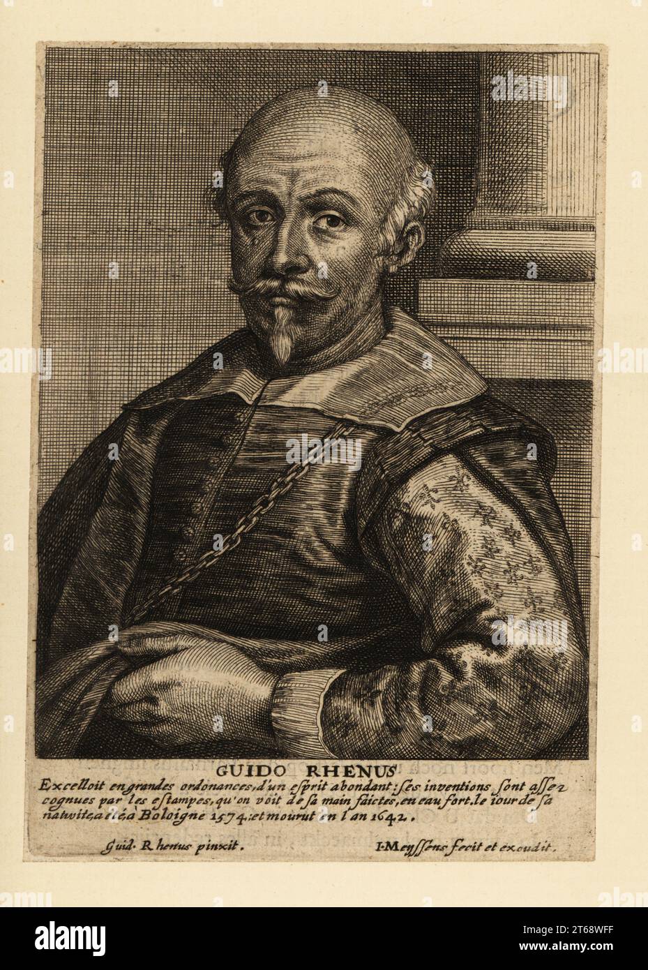 Portrait de Guido Reni, peintre italien de l'école bolognaise de l'époque baroque, 1575-1642. Guido Rhenus. Gravure sur cuivre de Johannes Meyssens d'après un autoportrait de Rhenus publié dans Johannes Meyssens image de divers hommes d'esprit sublime, Anvers, 1649. Banque D'Images