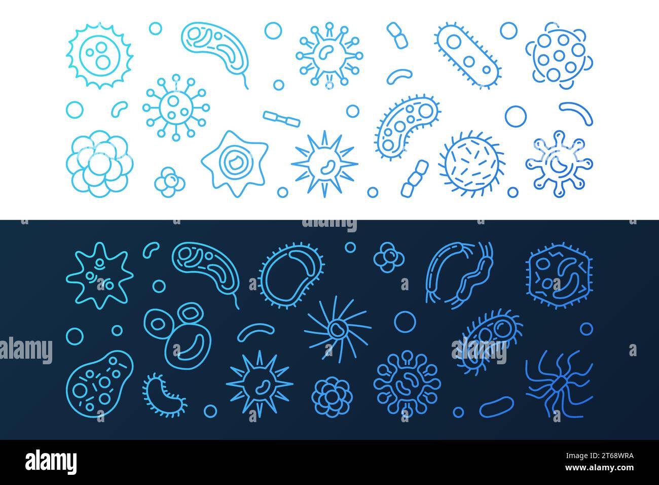 Bactéries, virus et champignons bannières horizontales bleues. Illustration vectorielle dans le style de contour Illustration de Vecteur