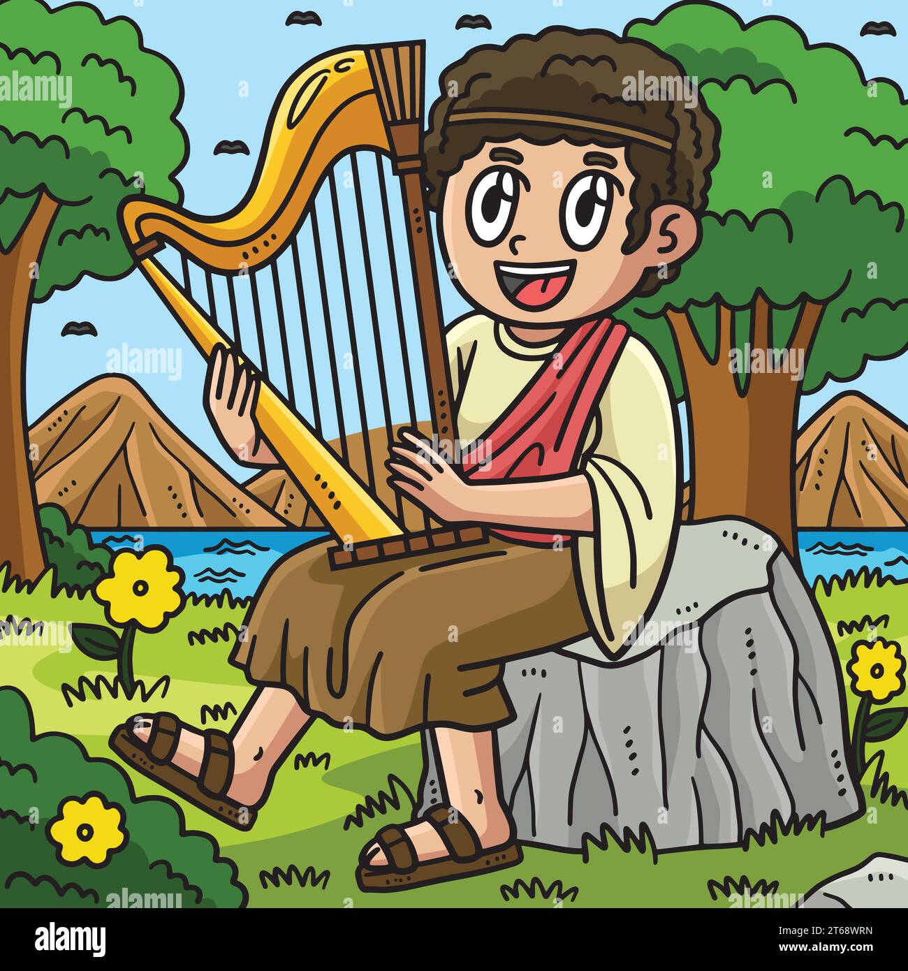 Christian David jouant le Cartoon Harp Colored Illustration de Vecteur