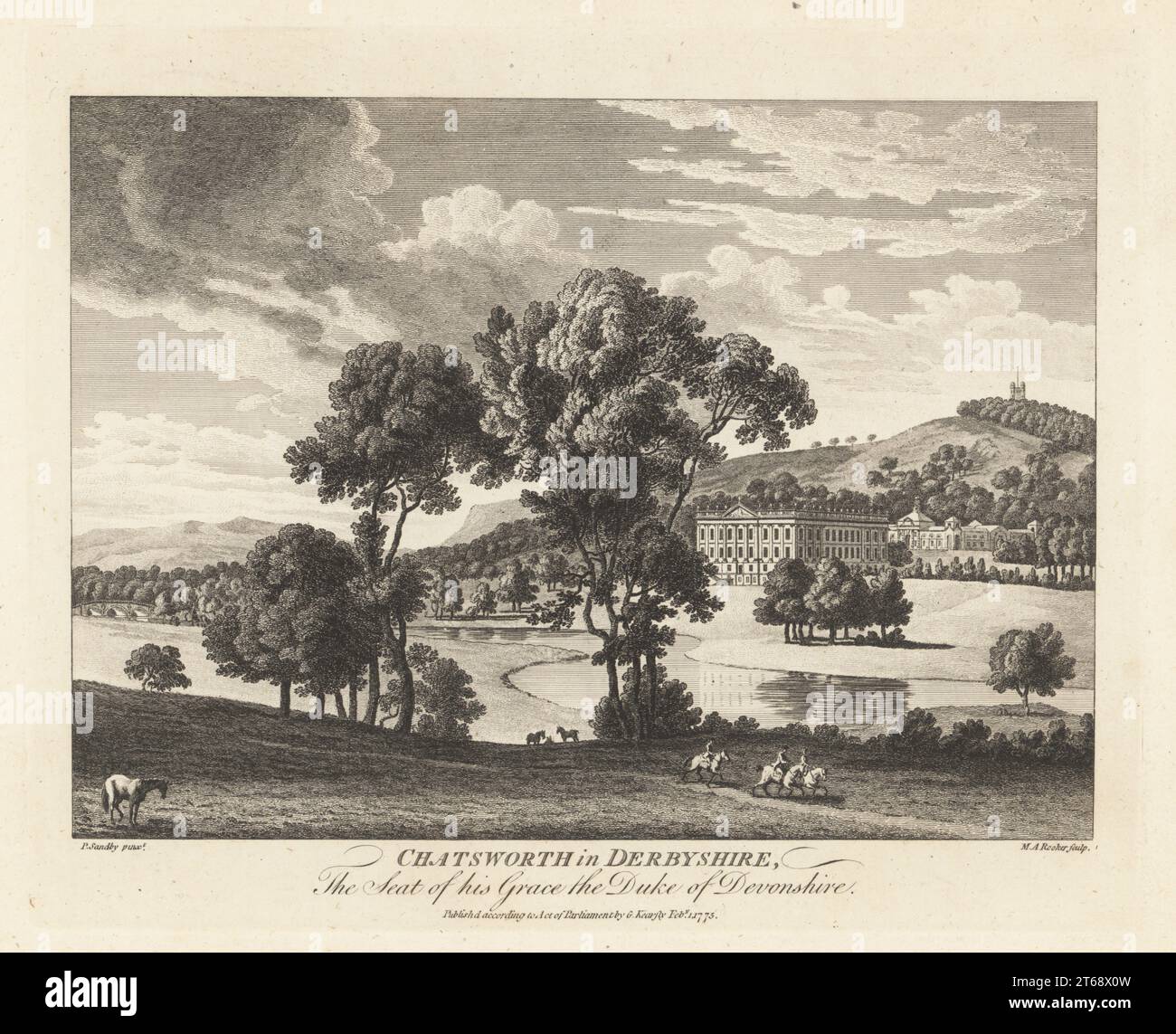 Vue sur Chatsworth House, Derbyshire, le siège de William Cavendish, 5th duc de Devonshire. Maison reconstruite de 1687 à 1707, jardins paysagés par Lancelot Capability Brown au 18th siècle. Tour de chasse dans le bois du stand derrière. Gravure sur plaque de coperplate par Michael Angelo Rooker après une illustration par Paul Sandby du magazine Copper plate ou Monthly Treasure, G. Kearsley, Londres, 1 février 1775. Banque D'Images