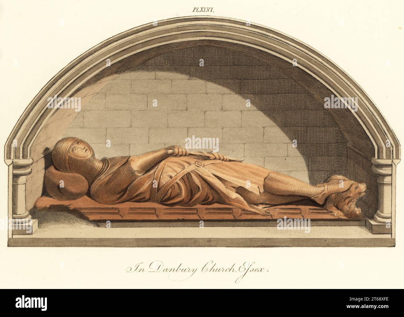 Effigie d'un chevalier normand en armure de l'église de Danbury, XIIIe siècle. Monument en bois sculpté d'un homme en costume d'armure de courrier en chaîne de coif, de hauberk et de tuyau, avec pardessus sans manches. Sa main droite atteignant pour son épée. Peut-être un Chevalier Templier de la famille Saint Clere ou Sinclair. Gravure faite à la main par Joseph Strutt de sa vue complète de la robe et des habitudes du peuple d'Angleterre, Henry Bohn, Londres, 1842. Banque D'Images