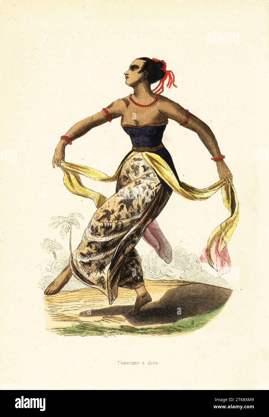 Ronggeng ou Rongging, dansante girl de Java, Indonésie. Elle porte un tapih de soie (jupon), un pemakak (corset) et un sembong (écharpe). Adapté d'une peinture de William Daniell dans Sir Thomas Raffles History of Java. Gravure sur bois coloriée par S d'après William Daniell de Auguste Wahlen Moeurs, usages et costumes de tous les peuples du monde, Librairie Historique-artistique, Bruxelles, 1845. Wahlen était le pseudonyme de Jean-François-Nicolas Loumyer (1801-1875), écrivain et archiviste au département héraldique de Belgique. Banque D'Images