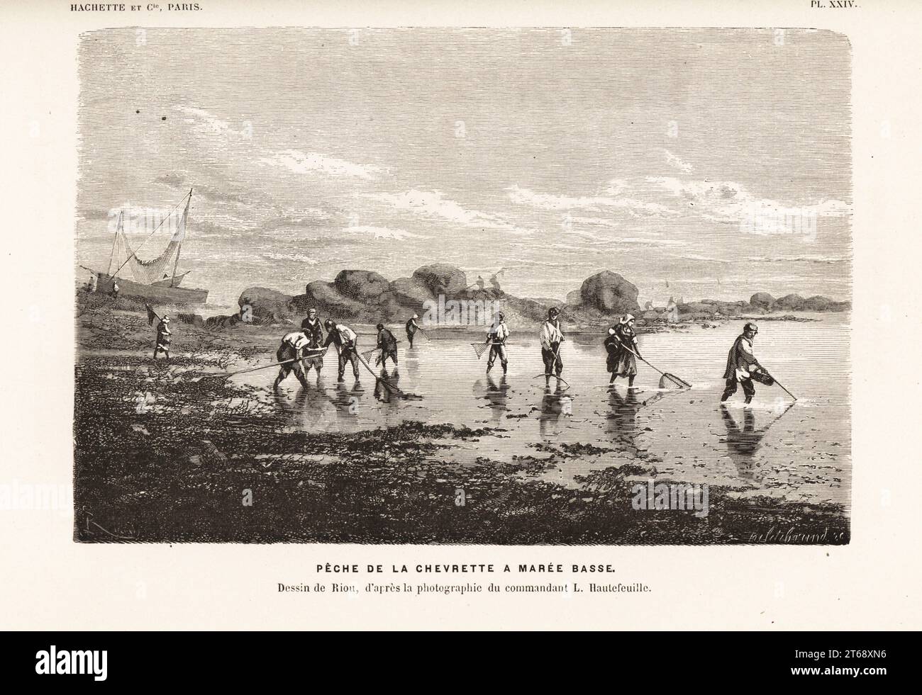 Crevettes pêchant les crevettes avec des filets à marée basse. Peche de la chevrette a Maree Basse. Dessin d'Edouard Riou d'après une photographie de L. Hautefeuille. Gravure sur bois de Henri Hildibrand d'Alfred Fredols le monde de la Mer, le monde de la Mer, édité par Olivier Fredol, Librairie Hachette et. C.E., Paris, 1881. Alfred Fredol était le pseudonyme du zoologiste et botaniste français Alfred Moquin-Tandon, 1804-1863. Banque D'Images