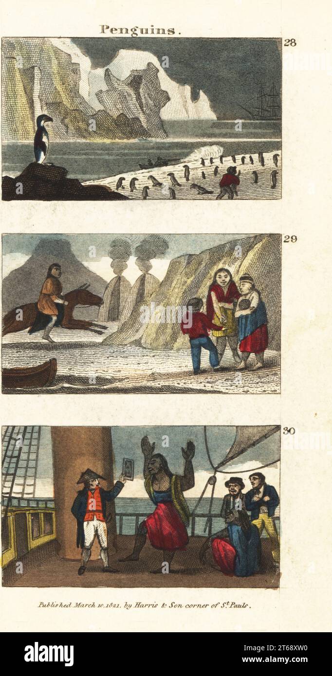 Les pingouins en Amérique du Sud 28, les géants de Patagonie en peaux animales 29, et les Patagoniens enchantés par la vue d'un miroir sur le navire du capitaine Samuel Wallis 30. Gravure sur cuivre colorée à la main de scènes du révérend Isaac Taylors en Amérique, pour le divertissement et l'instruction de petits voyageurs Tarry-at-Home, John Harris, Londres, 1821. Banque D'Images