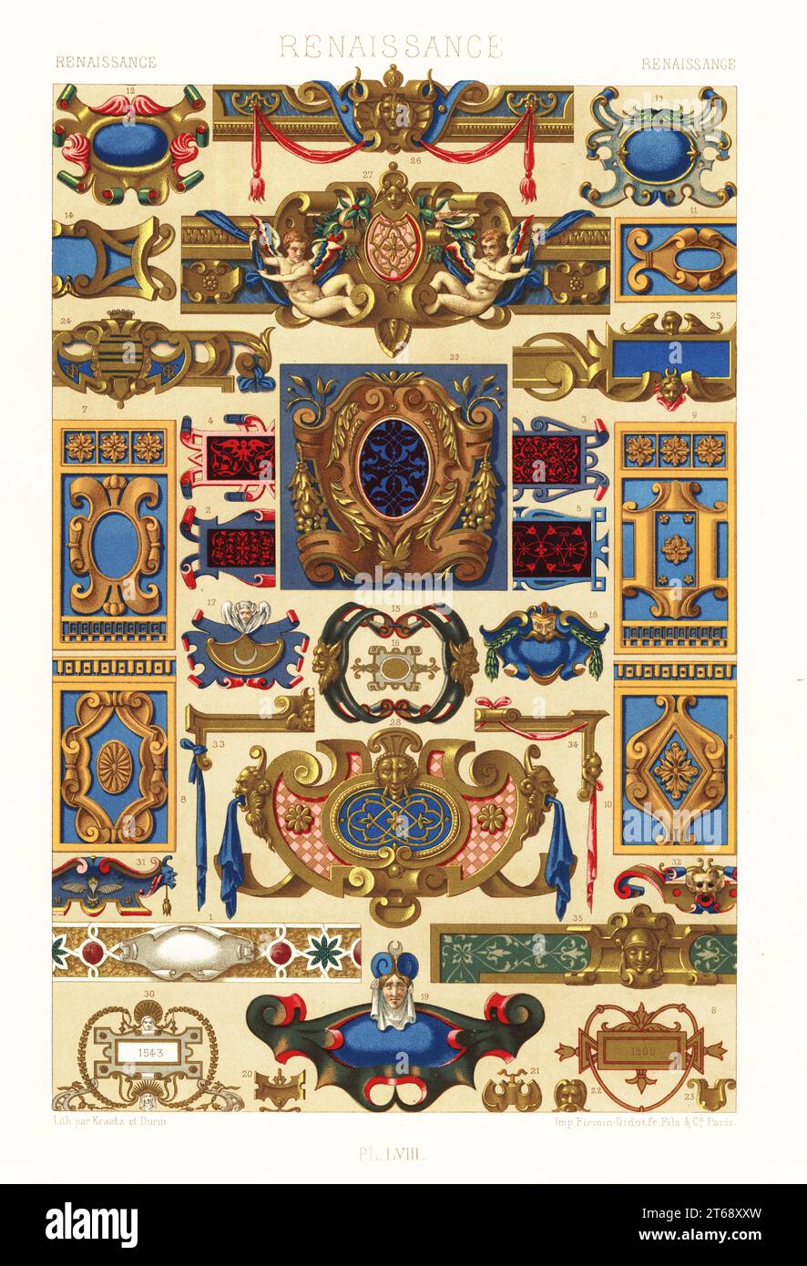 Art de la Renaissance : cartouches. D'après un tableau 1 de Cima da Conegliano, 15e siècle, dessins d'Antonio Razzi 2-5, manuscrit 6, terre cuite émaillée du Château de Madrid 7-11, tableaux de Primaticcio à Fontainebleau 12-21, bordures de portraits 26-28, fenêtre à Saint-Etienne du Mont 29, fenêtre datée de 1543 avec les armoiries de la Corporation des orfèvres à Rouen 30, autres manuscrits 31-35. Chromolithographie finie à la main par Krautz & Durin de Albert-Charles-Auguste ratinettes LOrnement Polychrome, (ornement polychromatique), Firmin-Didot, Paris, 1869-73. Banque D'Images