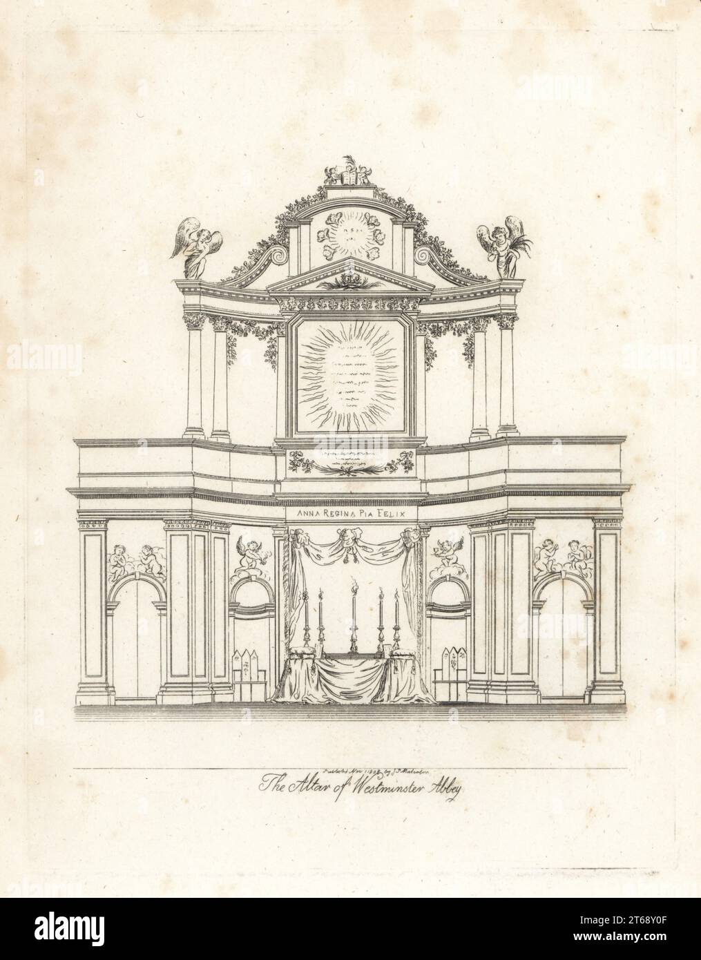 L'autel en marbre blanc de l'abbaye de Westminster. Conçu par Sir Christopher Wren et sculpté par Grinling Gibbons. Originaire du palais de Whitehall, il a été accordé à l'abbaye par la reine Anne en 1706. Anna Regina Pia Felix. Coperplate dessinée et gravée par James Peller Malcolm à partir de ses anecdotes sur les manières et les coutumes de Londres au XVIIIe siècle, Longman, Hurst, Londres, 1808. Malcolm (1767-1815) était un topographe et graveur américain-anglais, Fellow de la Société des antiquaires. Banque D'Images L'autel en marbre blanc de l'abbaye de Westminster. Conçu par Sir Christopher Wren et sculpté par Grinling Gibbons. Originaire du palais de Whitehall, il a été accordé à l'abbaye par la reine Anne en 1706. Anna Regina Pia Felix. Coperplate dessinée et gravée par James Peller Malcolm à partir de ses anecdotes sur les manières et les coutumes de Londres au XVIIIe siècle, Longman, Hurst, Londres, 1808. Malcolm (1767-1815) était un topographe et graveur américain-anglais, Fellow de la Société des antiquaires. Banque D'Images
