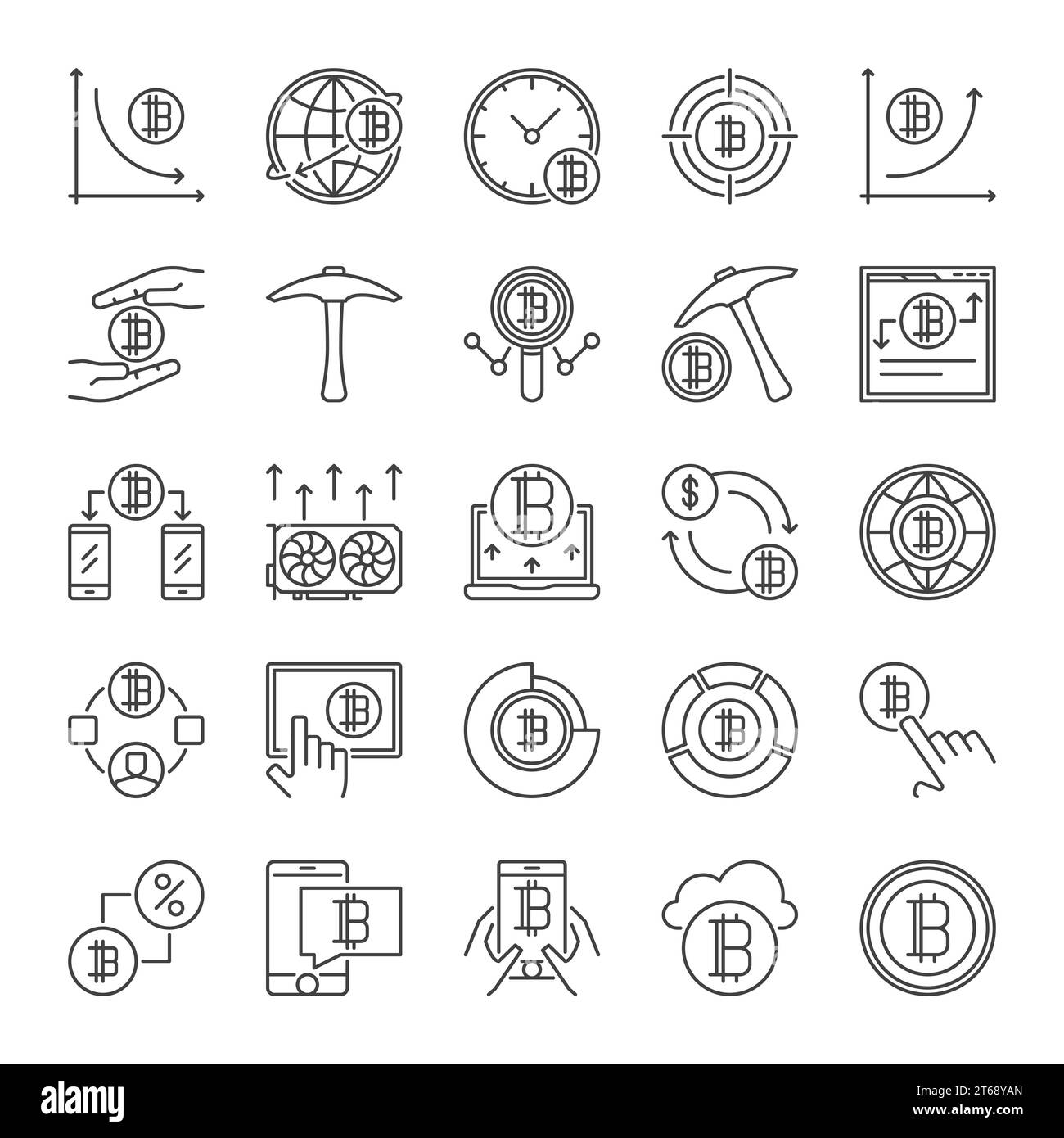 Jeu d'icônes de contour de crypto-monnaie et de blockchain. Collection vectorielle de symboles linéaires Block Chain Technology sur fond blanc Illustration de Vecteur