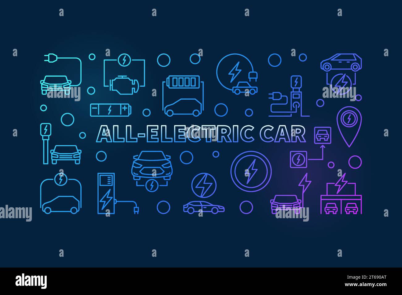 Bannière de contour coloré horizontal de voiture tout électrique. Illustration vectorielle faite avec des icônes linéaires de voiture électrique sur fond sombre Illustration de Vecteur