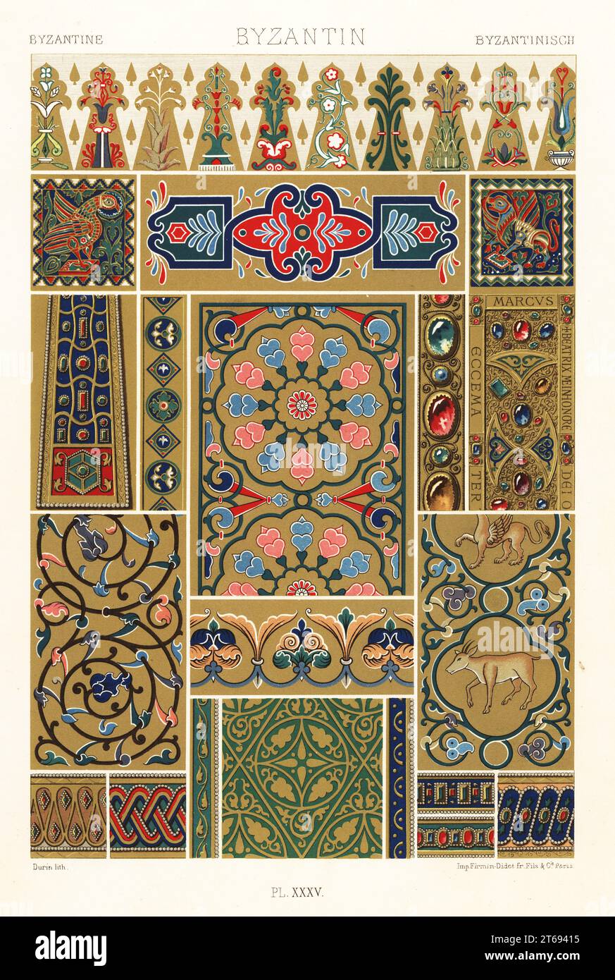 Art byzantin : mosaïques, émaux en filigrane et broderie. Mosaïques de la chapelle Ziza, Palerme 1-7, décors en cloisonne et en filigrane pour pierres précieuses dans un manuscrit Évangiles 8-11, tissus brodés de pierres précieuses d'un monastère près de Trébizonde 12-19. Byzantin. Chromolithographie finie à la main par F. Durin de Albert-Charles-Auguste ratinettes LOrnage Polychrome, (ornement polychromatique), Firmin-Didot, Paris, 1869-73. Banque D'Images