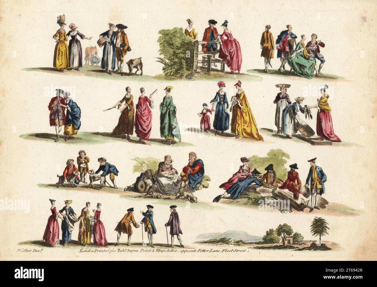 Groupes de figures du 18e siècle. Hommes et femmes à la campagne, acheter du homard, jouer de la musique, marcher, flirter, lecture. Gravure sur cuivre colorée à la main d'après Anthony Walker de Robert Sayers The Artists Vade Mecum, Being the Whole Art of Drawing, Londres, 1766. Banque D'Images