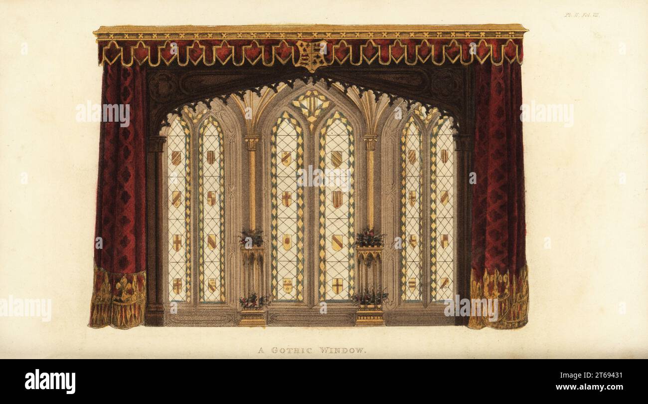 Rideau de fenêtre gothique. Fenêtre Oriel avec armoiries dans le verre sur tout un mur, rideaux de velours aux couleurs riches avec ornements et verre coloré. Gravure sur cuivre colorée à la main de Rudolph Ackermanns Repository of Arts, Littérature, Fashions, manufactures, etc., Strand, Londres, 1826. Banque D'Images