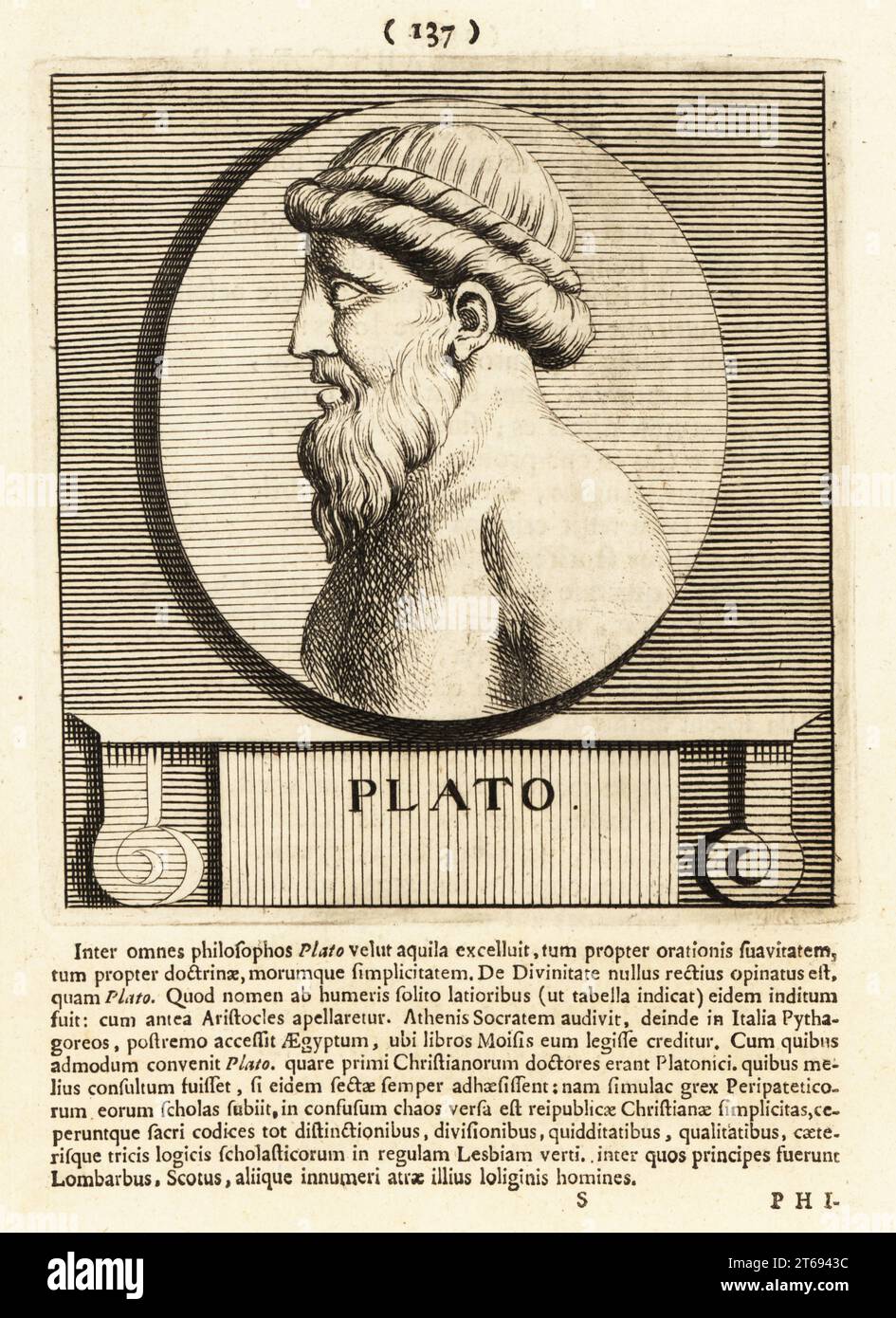 Platon, philosophe athénien de la période classique de la Grèce antique, fondateur de l'école de pensée platonicienne et de l'Académie. Gravure sur cuivre de Pieter Bodart (1676-1712) de Henricus Spoors Deorum et Heroum, Virorum et Mulierum Illustrium imagine Antiquae Illustatae, Gods and Heroes, Men and Women, Illustrated with Antique Images, Petrum, Amsterdam, 1715. Publié pour la première fois sous le titre Favissæ utriusque antiquitatis tam Græcæ quam Romanæ en 1707. Henricus Spoor était un médecin néerlandais, érudit classique, poète et écrivain, fl. 1694-1716. Banque D'Images