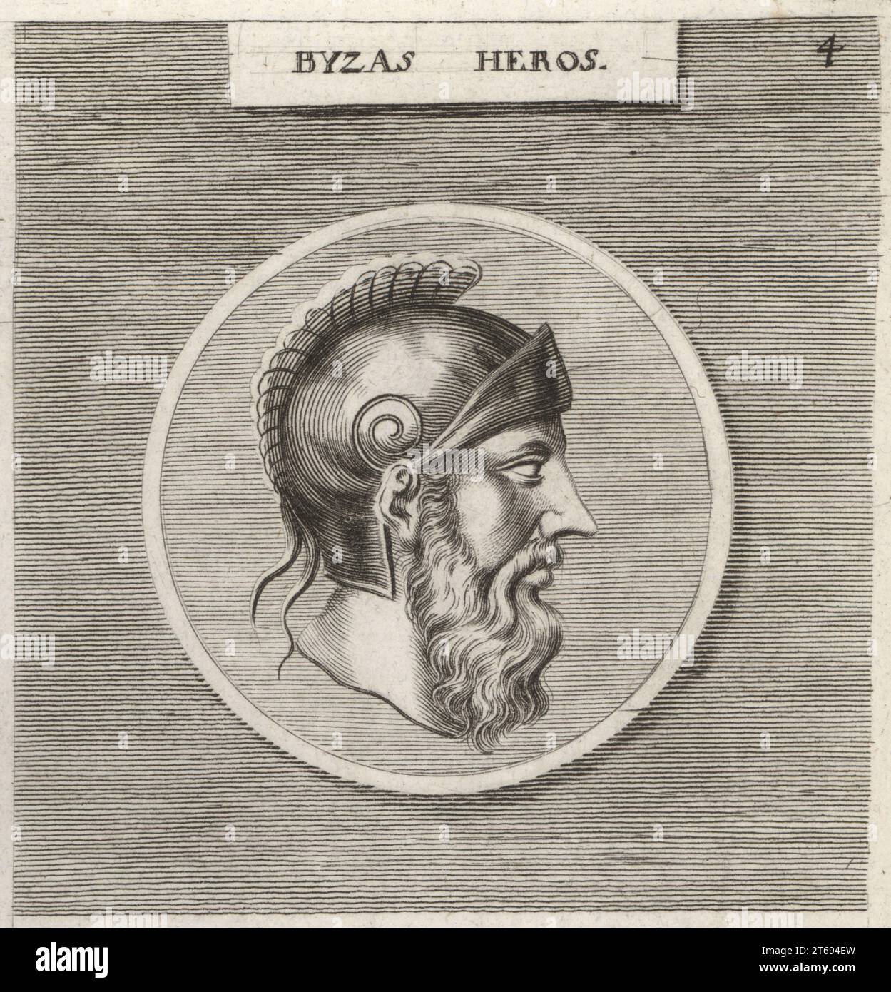 Byzas, fondateur mythique de Byzance (Constantinople, aujourd'hui Istanbul) et roi de la ville à l'époque des Argonautes. Profil d'un homme barbu en casque à crête. Byzas Heros. Gravure sur cuivre d'après une illustration de Joachim von Sandrart tirée de sa LAcademia Todesca, della Architectura, Scultura & Pittura, oder Teutsche Academie, der Edlen Bau- Bild- und Mahlerey-Kunste, Académie allemande d'architecture, de sculpture et de peinture, Jacob von Sandrart, Nuremberg, 1675. Banque D'Images