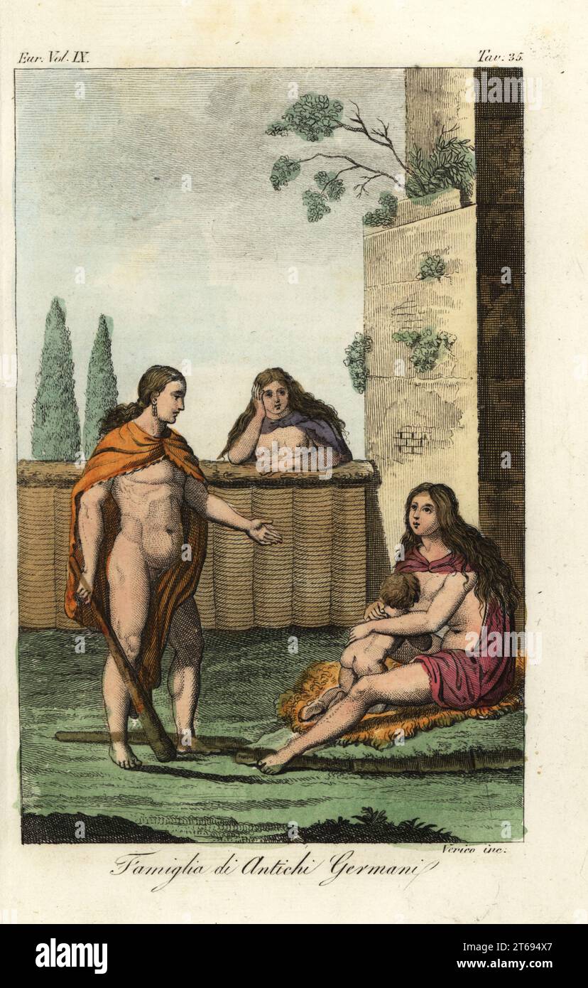 Famille d'anciens chasseurs germaniques, montrant leurs capes courtes et autres vêtements. Homme avec club, femme sur peau d'animal avec enfant. D'après Philipp Cluvers Germania Antiqua. Famiglia di Antichi Germani. Gravure sur cuivre coloriée à la main par Verico de Giulio Ferrarios costumes ancien et moderne des peuples du monde, il Costume Antico e Moderno, Florence, 1837. Banque D'Images