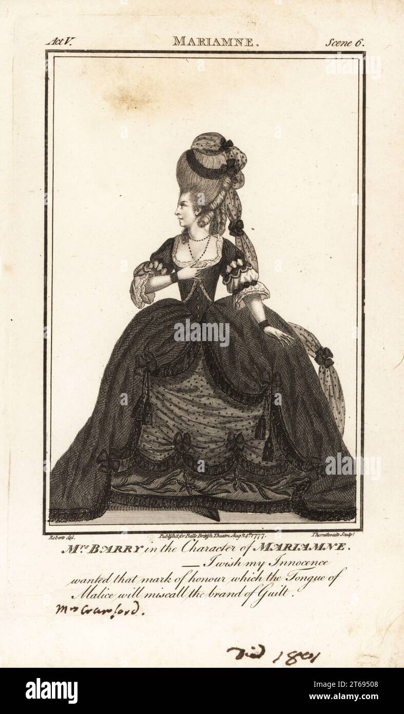 Mme Ann Barry dans le personnage d'Athenais dans Nathaniel Lees Theodosius, Kings Theatre, 1766. Ann Street, 1734-1801, était une actrice principale du 18e siècle apparaissant comme Mme Dancer et plus tard Mme Barry et Mme Crawford. Gravure sur cuivre de J. Thornthwaite d'après une illustration de James Roberts du Bells British Theatre, composée des pièces anglaises les plus appréciées, John Bell, Londres, 1776. Banque D'Images